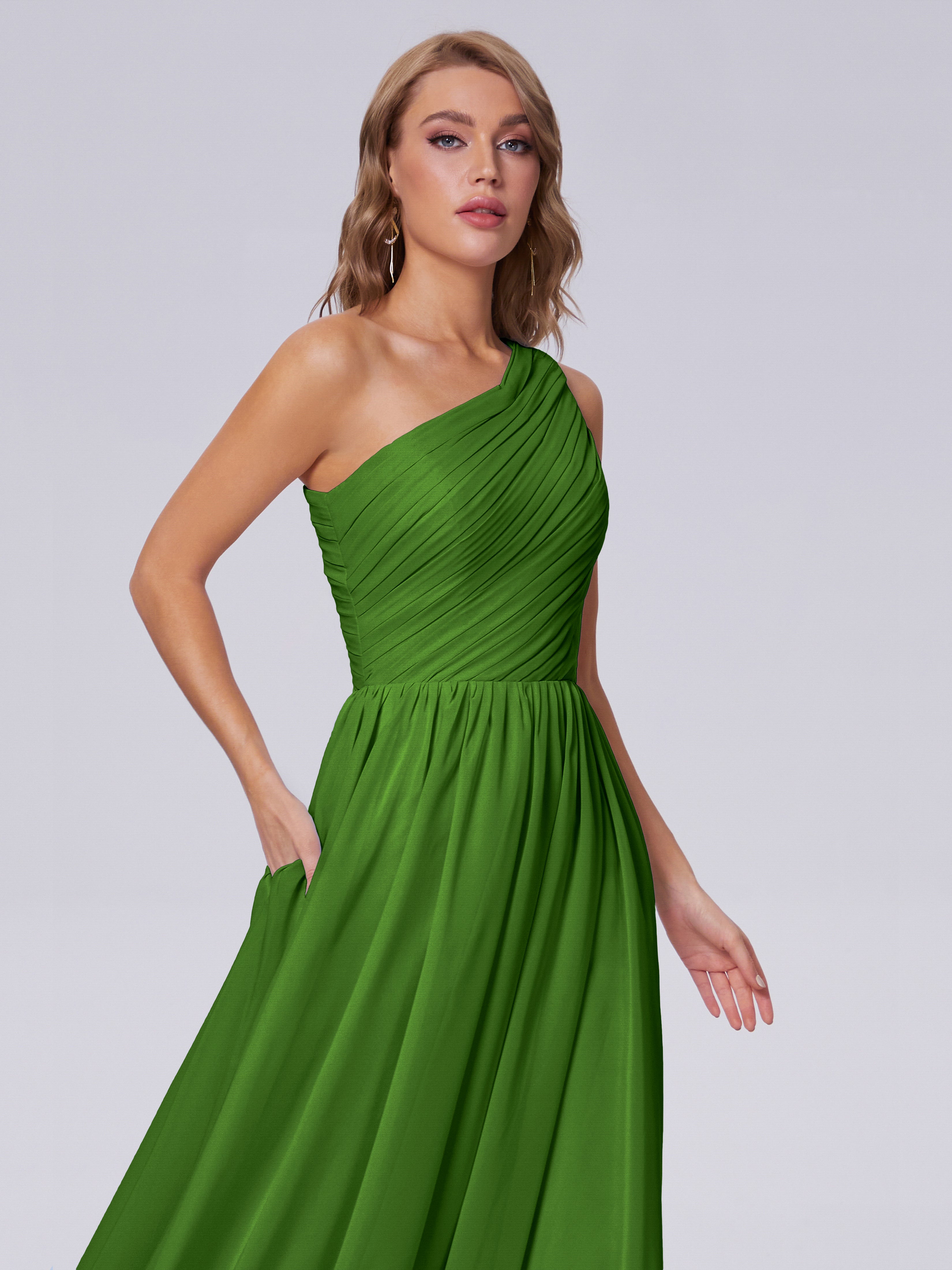 Robes De Demoiselle D'Honneur Vert Mousse Seule-Épaule Mousseline Robes Demoiselle D'Honneur