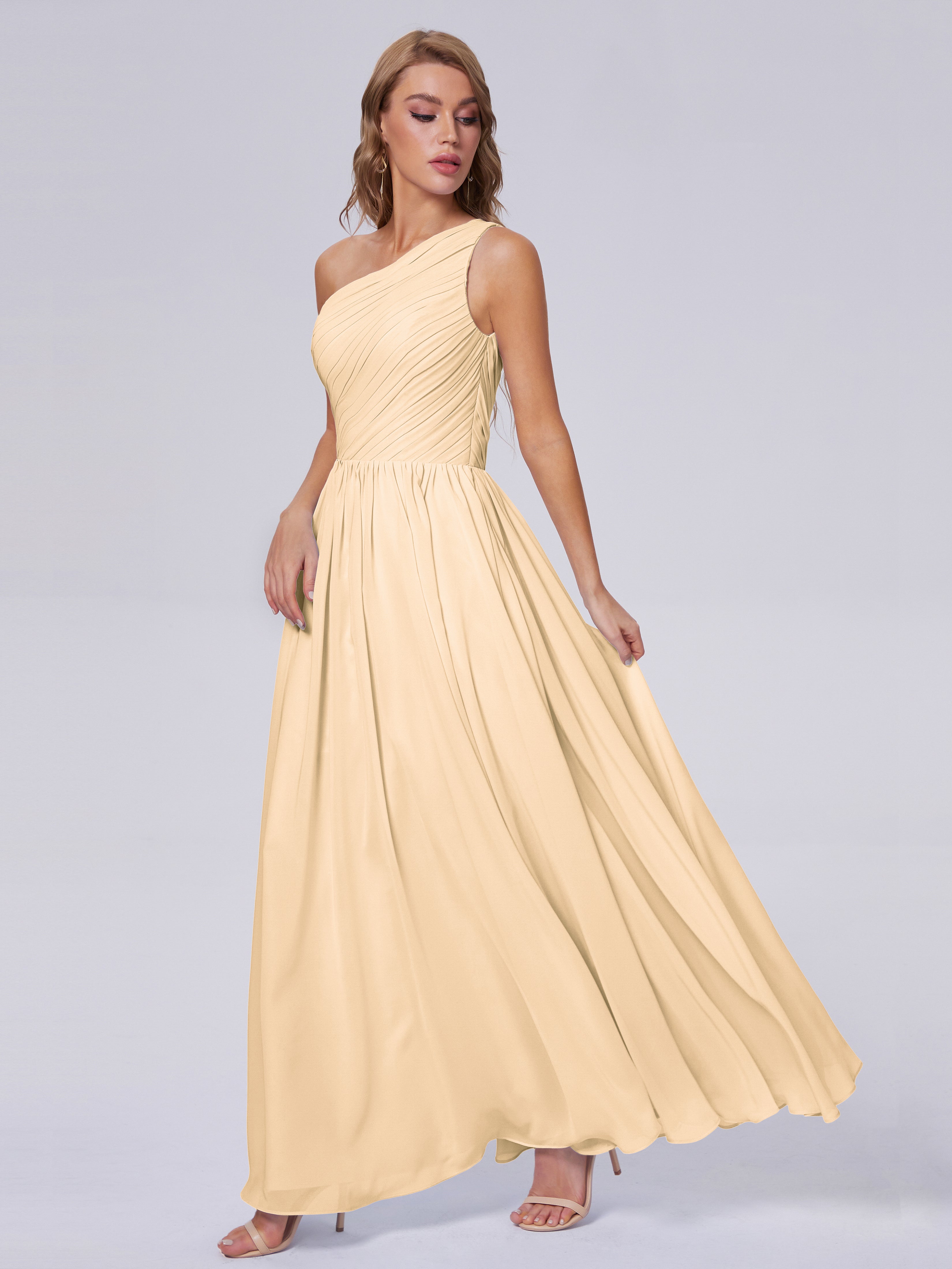 Robes De Demoiselle D'Honneur Rose Pêche Seule-Épaule Mousseline Robes Demoiselle D'Honneur