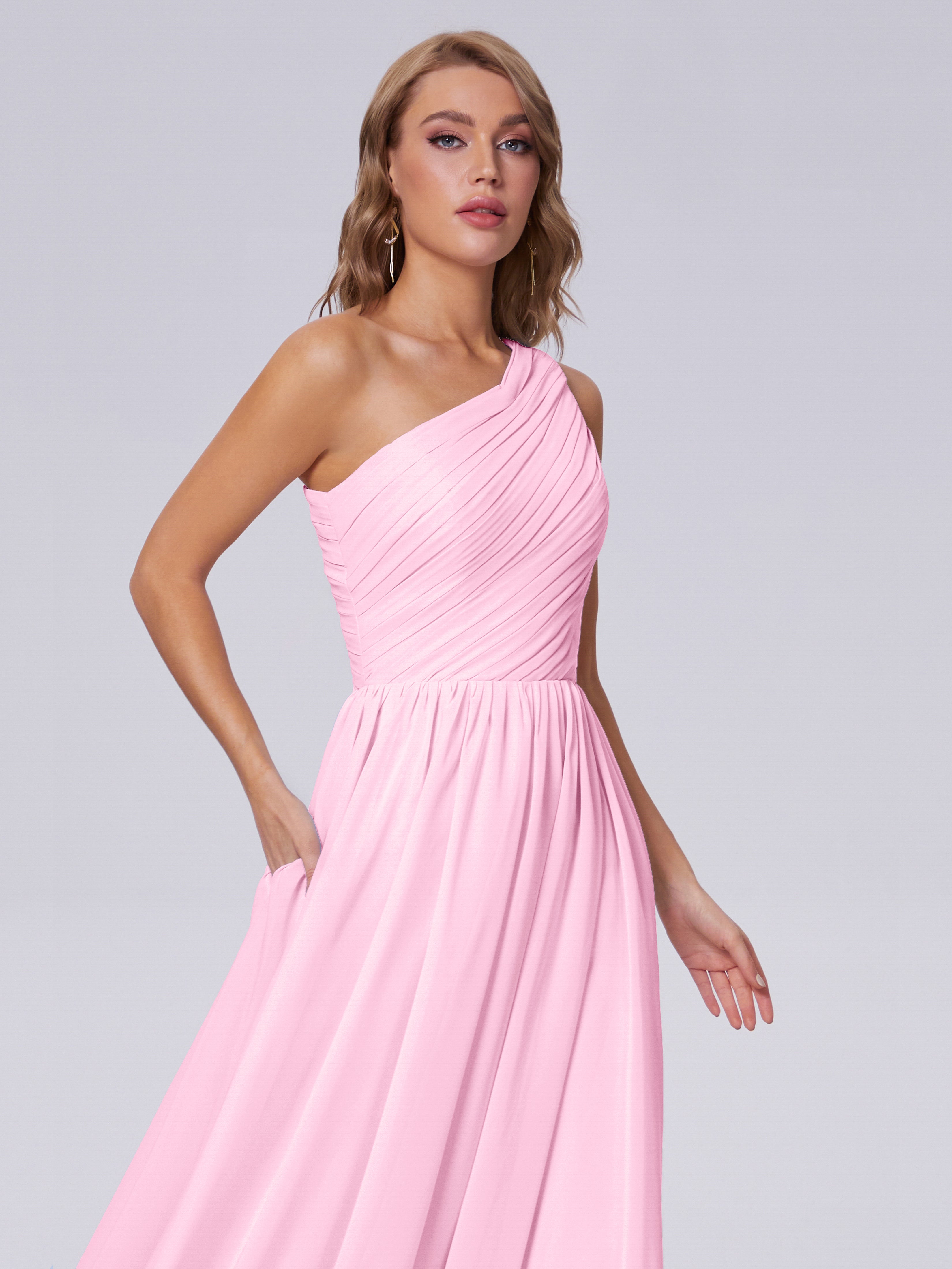 Robe Demoiselle D Honneur Rose Bonbon Seule-Épaule Mousseline Robes Demoiselle D'Honneur