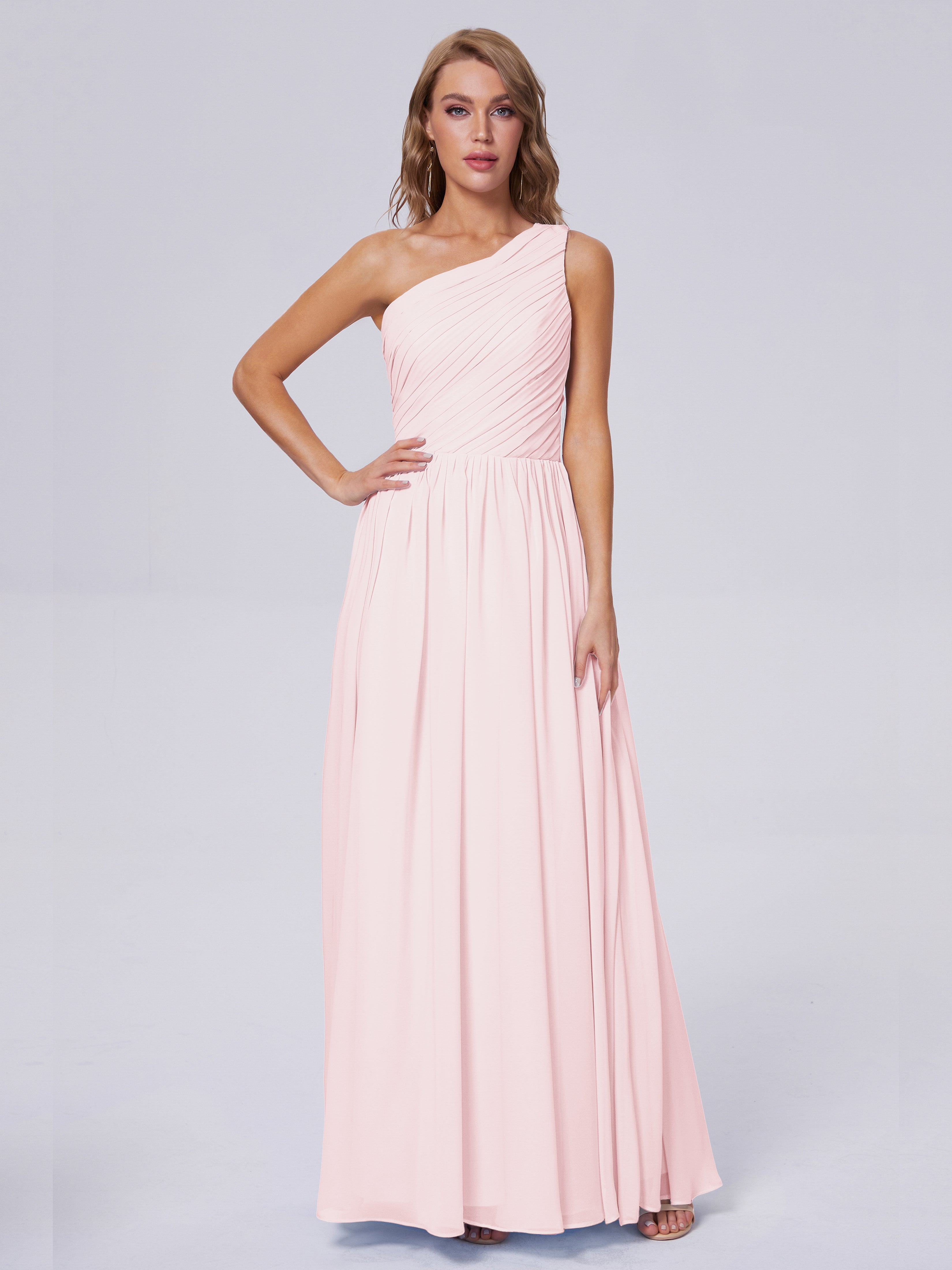 Robe Demoiselle Dhonneur Rose Pale Seule-Épaule Mousseline Robes Demoiselle D'Honneur