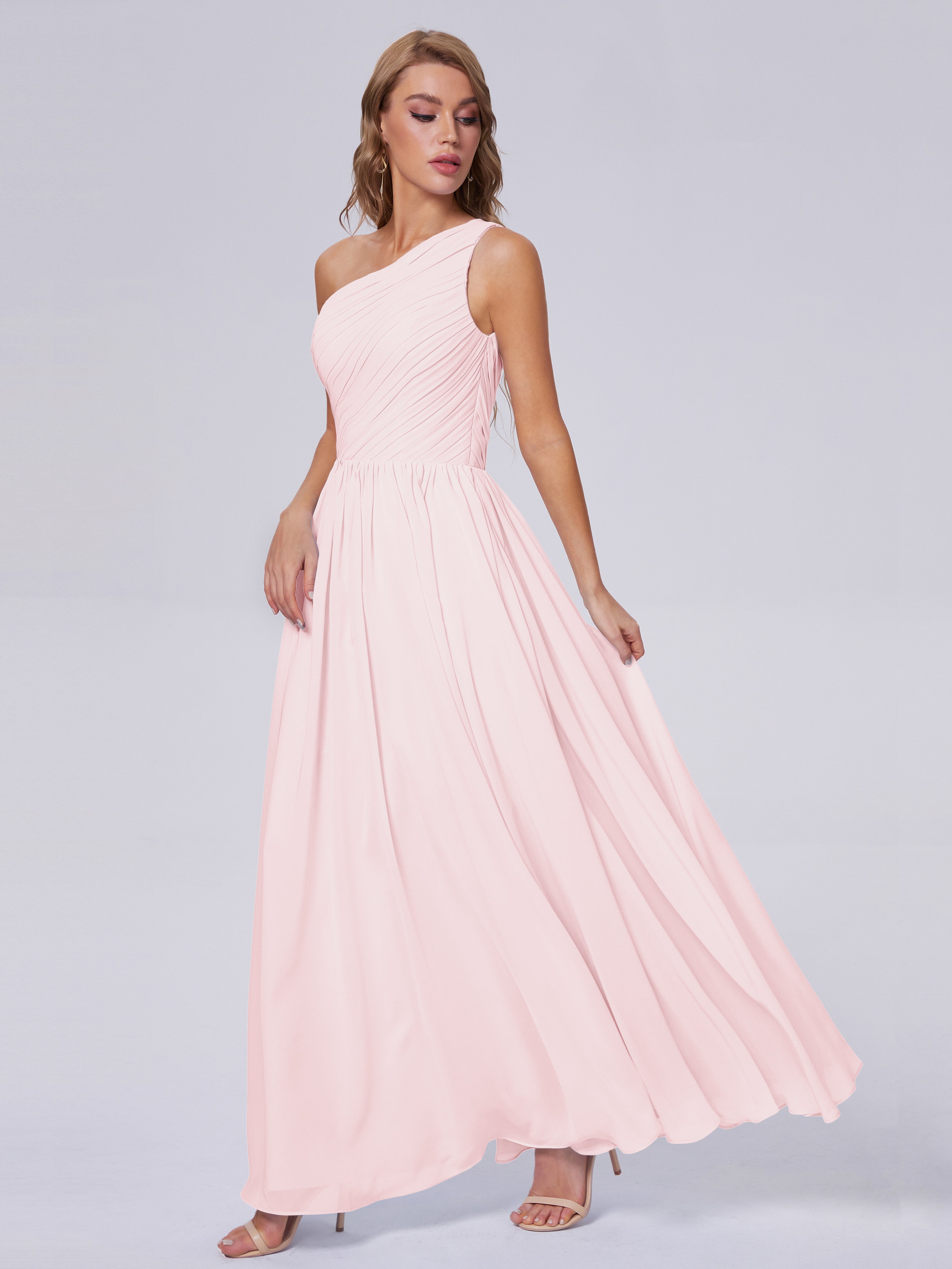 Robe Demoiselle Dhonneur Rose Pale Seule-Épaule Mousseline Robes Demoiselle D'Honneur