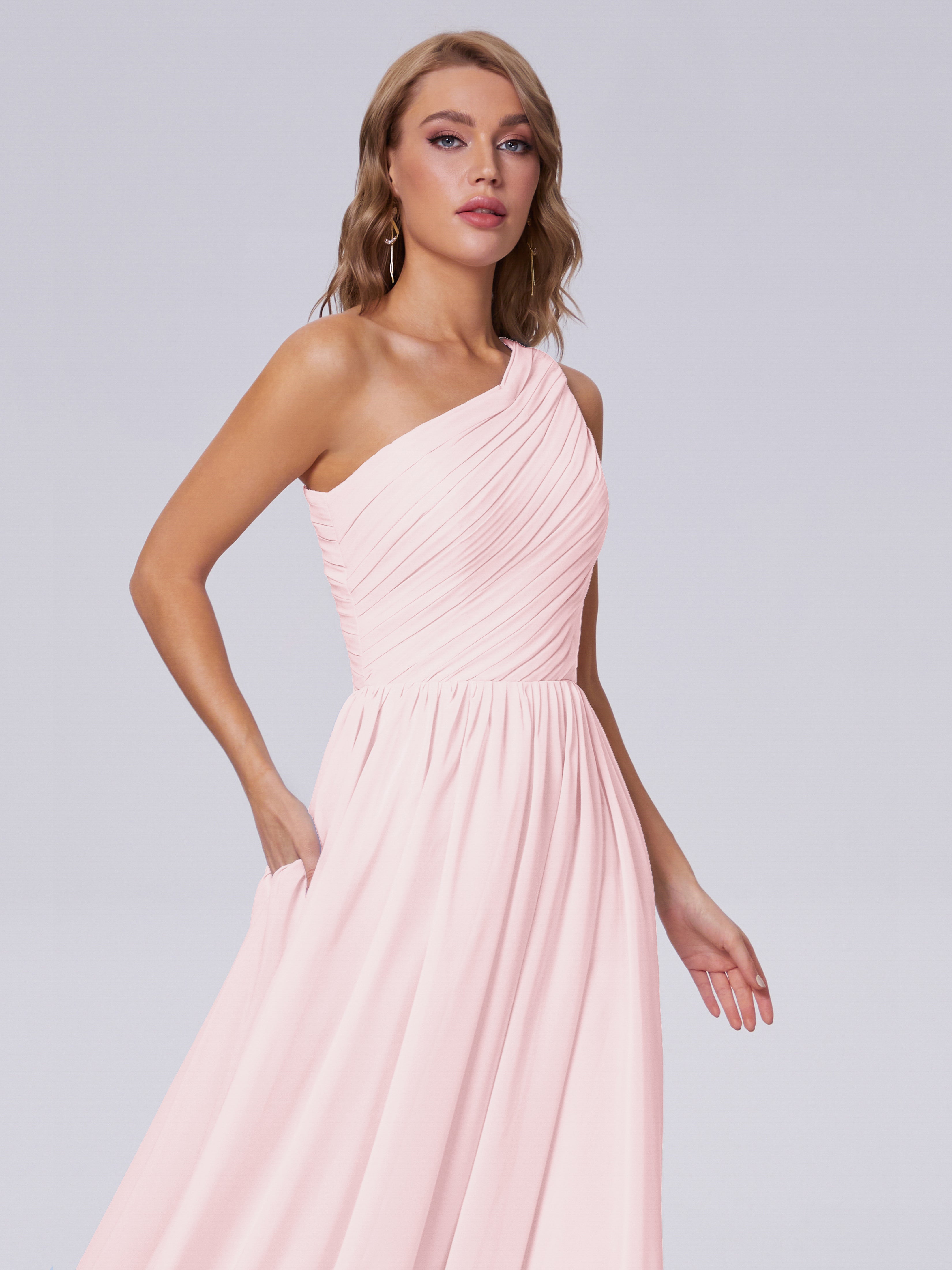 Robe Demoiselle Dhonneur Rose Pale Seule-Épaule Mousseline Robes Demoiselle D'Honneur