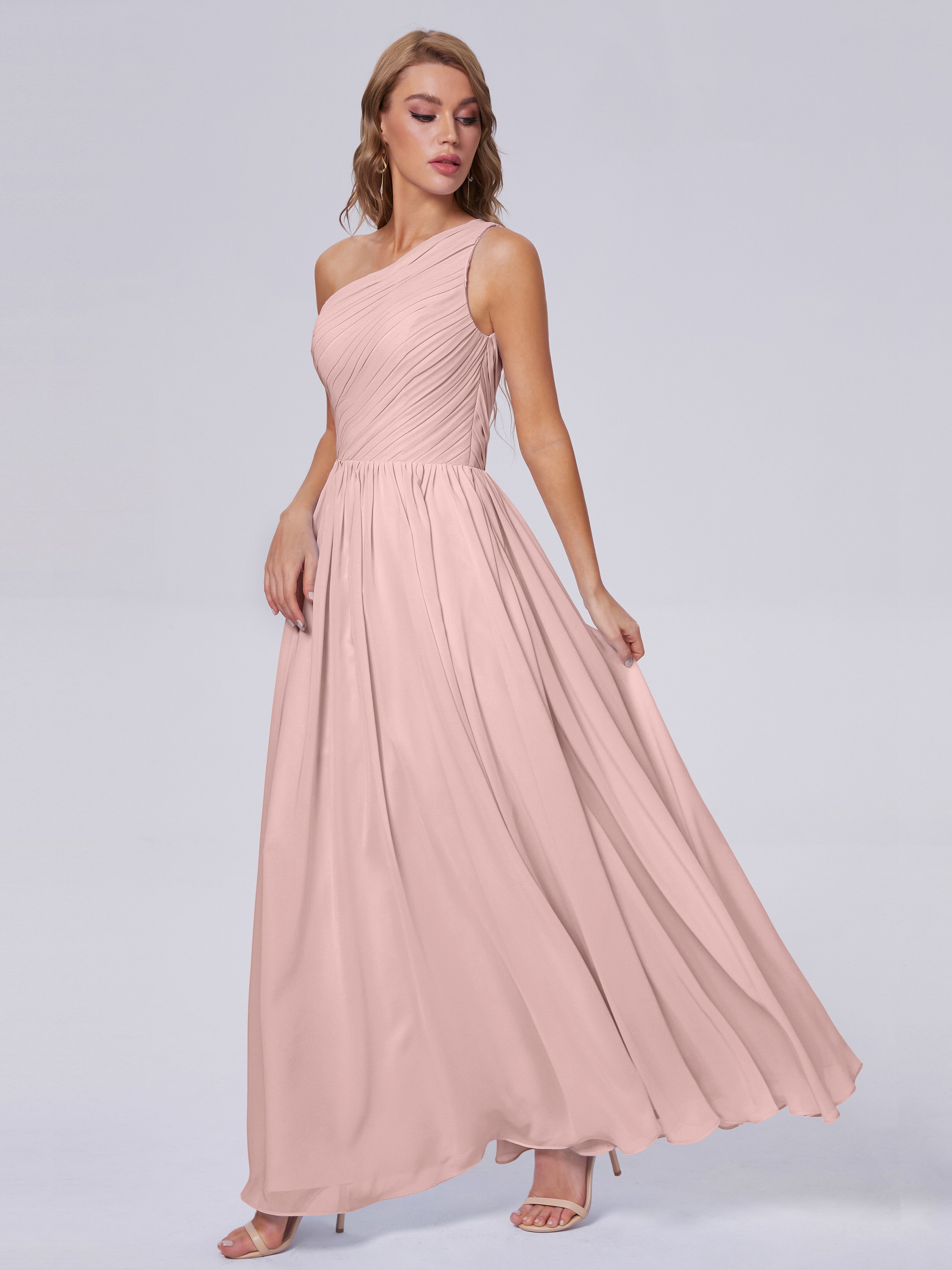 Demoiselle Temoin Robe Rose Poudré Mariage Seule-Épaule Mousseline Robes Demoiselle D'Honneur