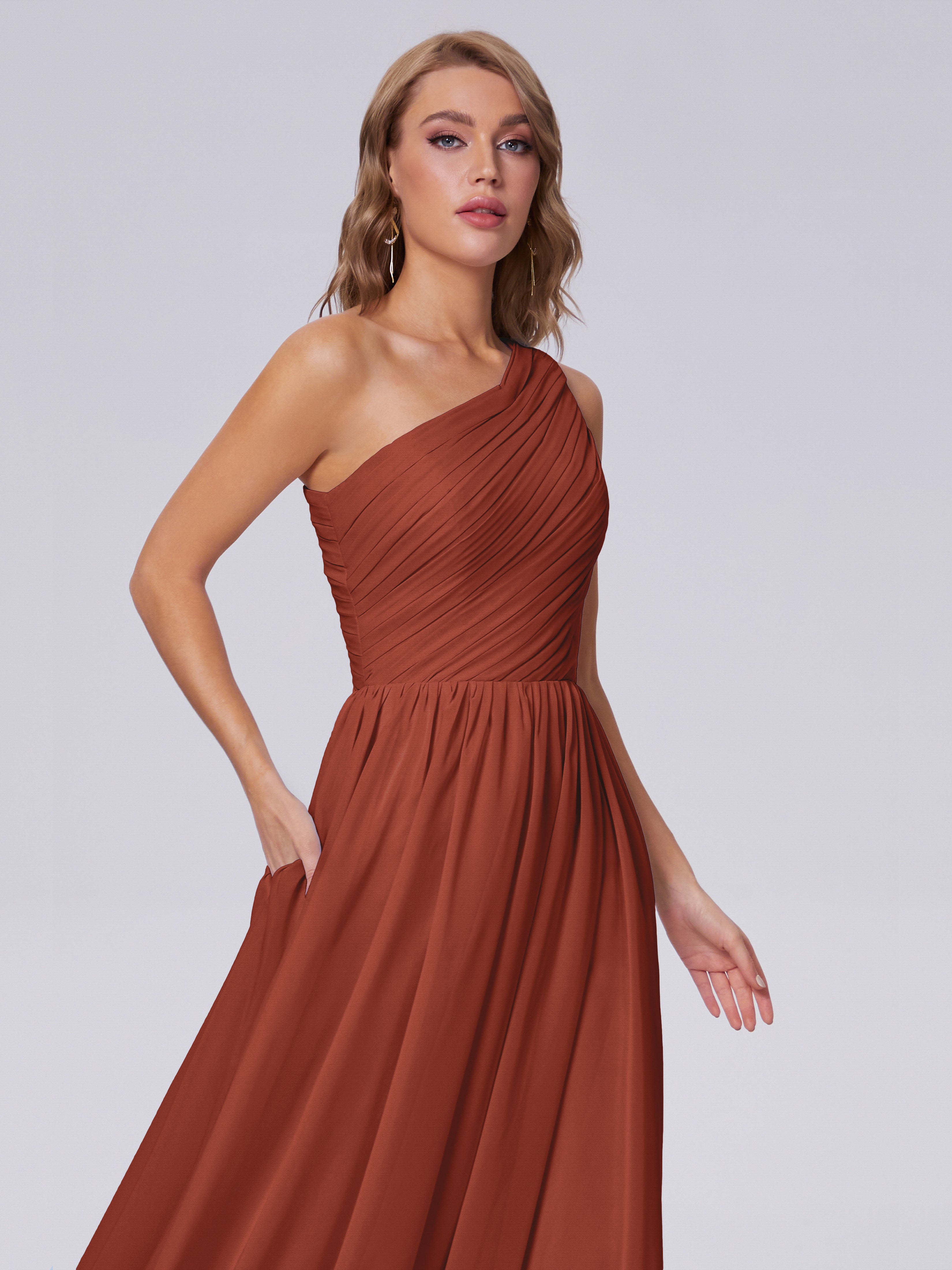 Robes De Demoiselle D'Honneur En Mousseline De Rouille Seule-Épaule Mousseline Robes Demoiselle D'Honneur