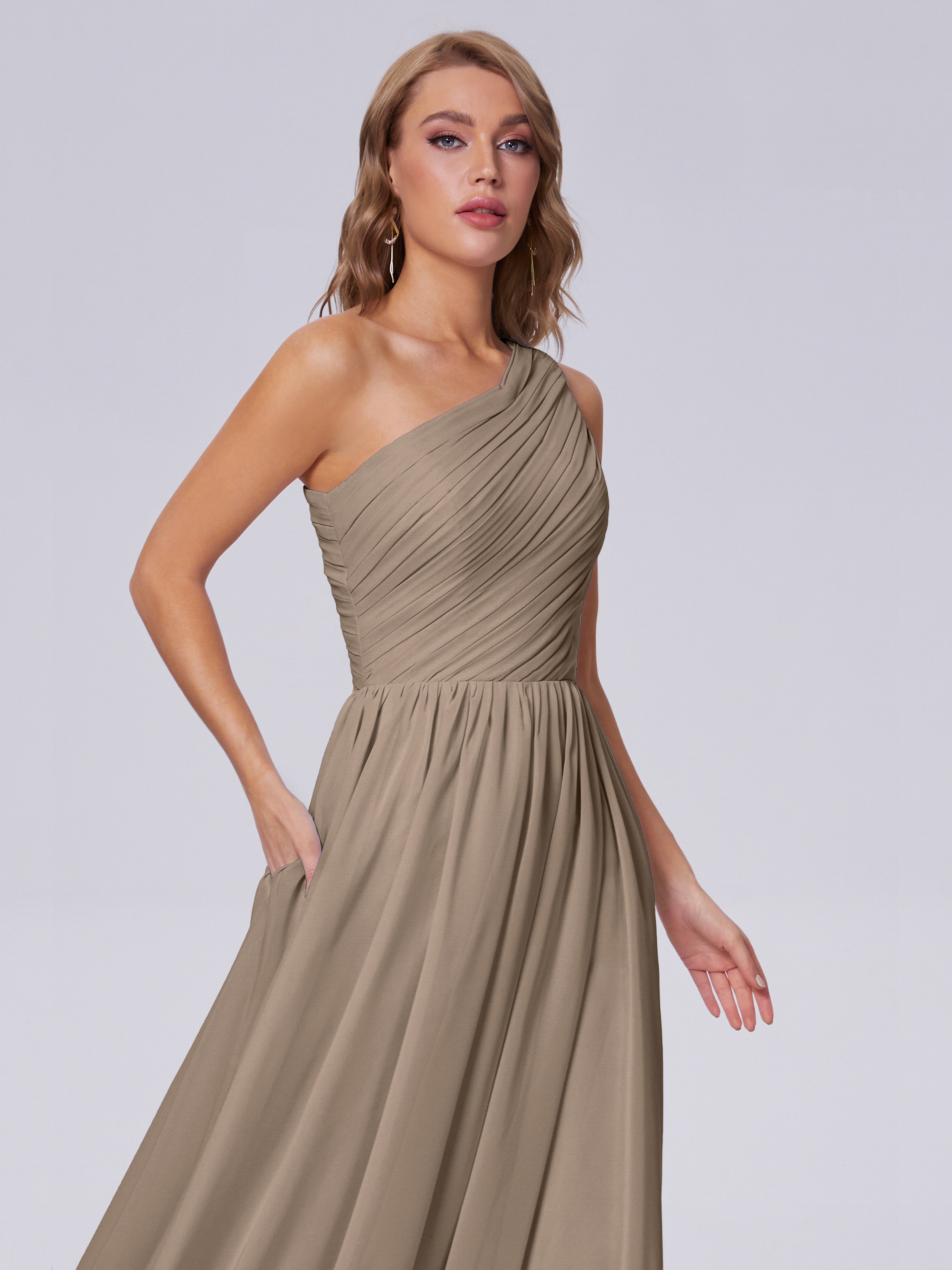 Robe Taupe Demoiselle D Honneur Seule-Épaule Mousseline Robes Demoiselle D'Honneur
