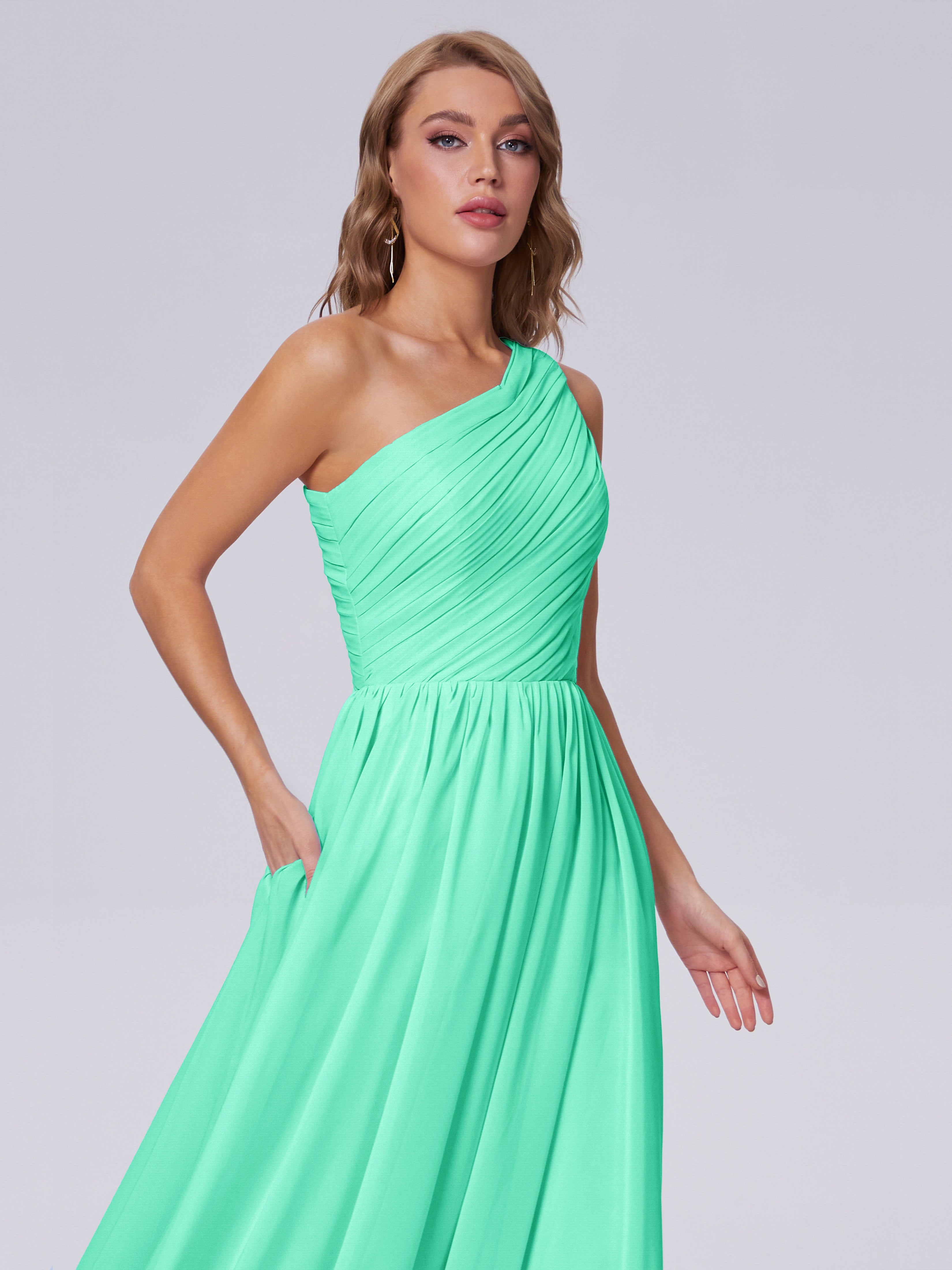 Demoiselle Dhonneur Robe Turquoise Seule-Épaule Mousseline Robes Demoiselle D'Honneur