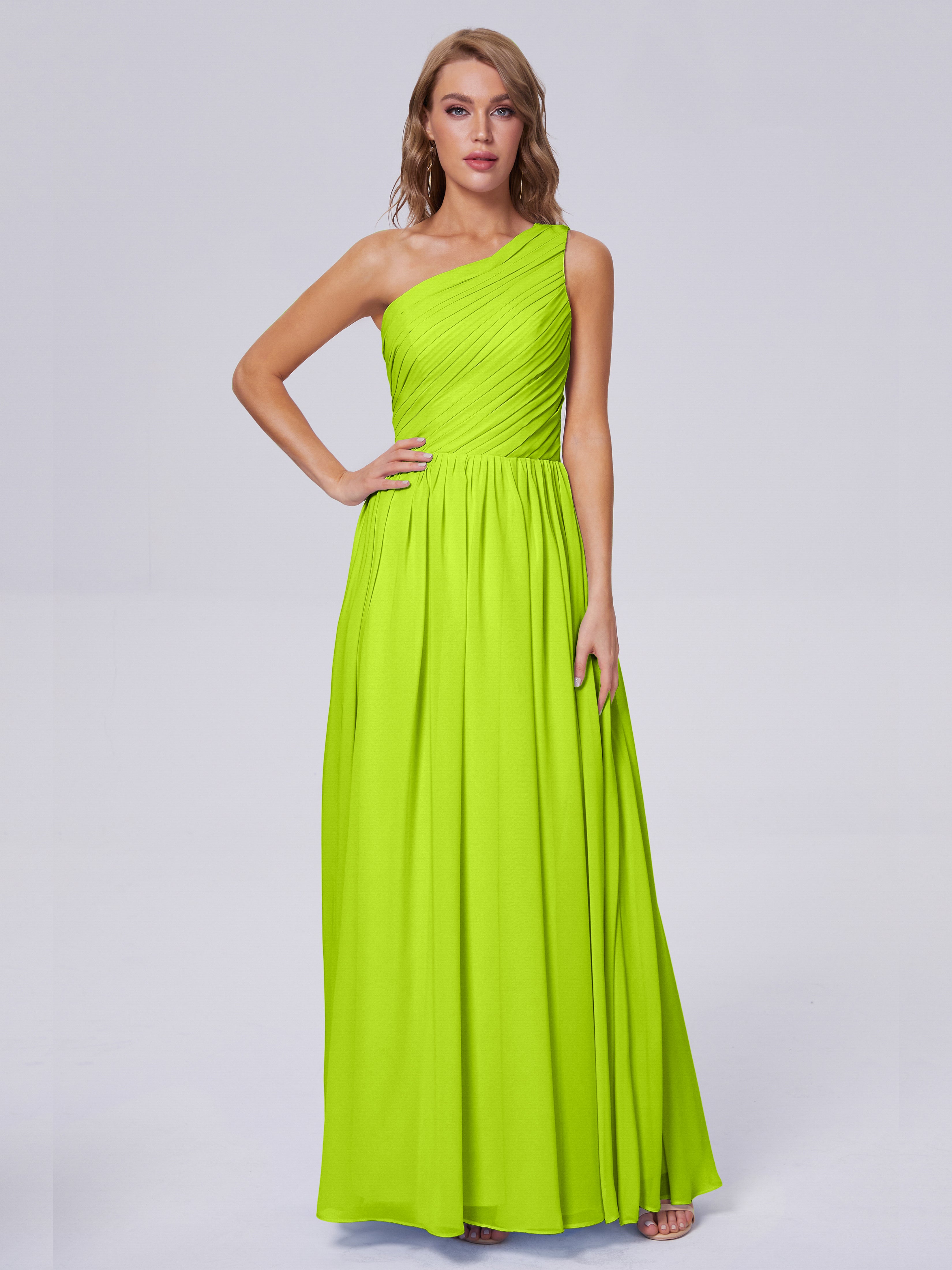Robes De Demoiselle D'Honneur Vert Citron Seule-Épaule Mousseline Robes Demoiselle D'Honneur