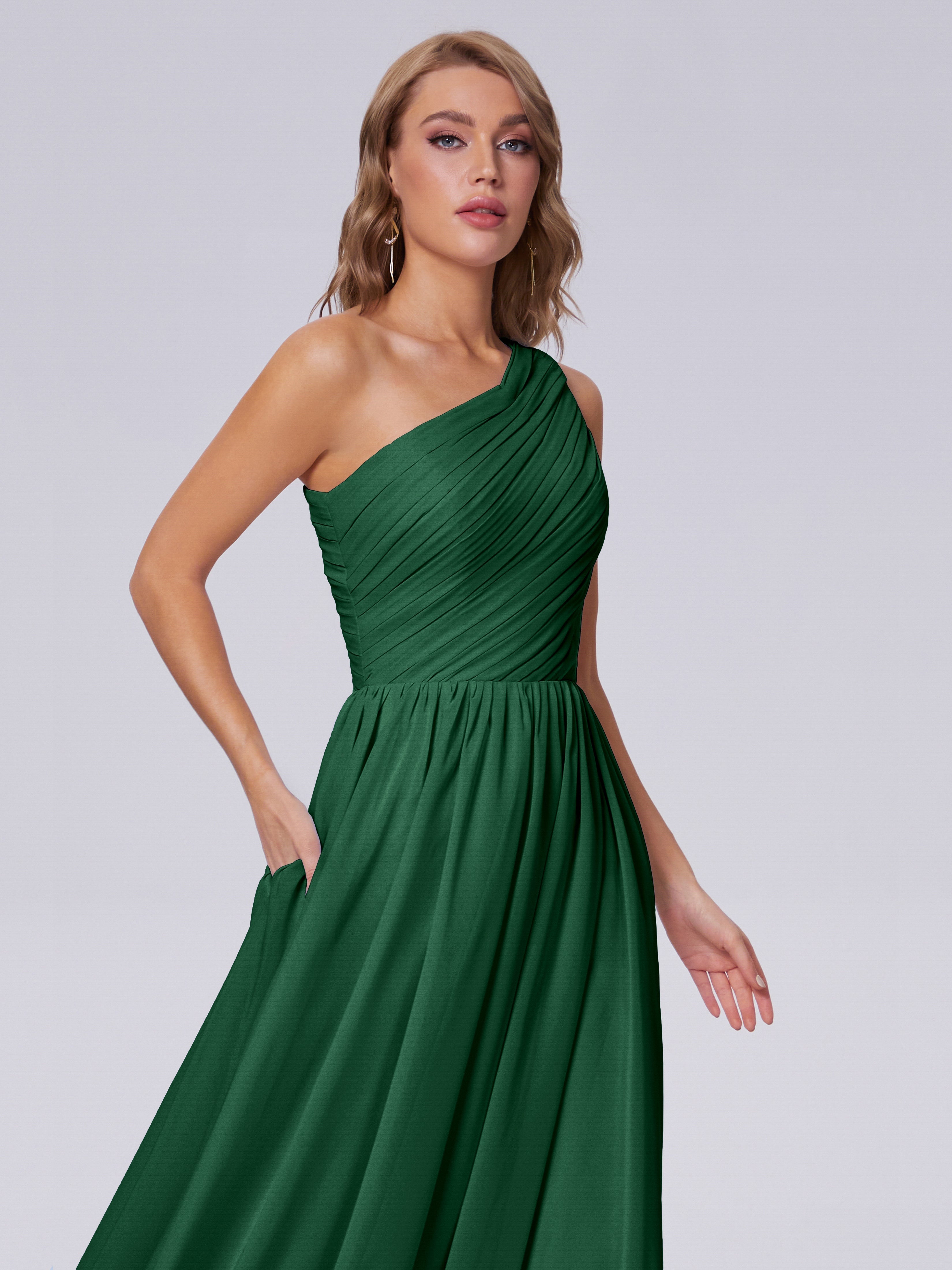 Robe Demoiselle D Honneur Vert Foncé Seule-Épaule Mousseline Robes Demoiselle D'Honneur