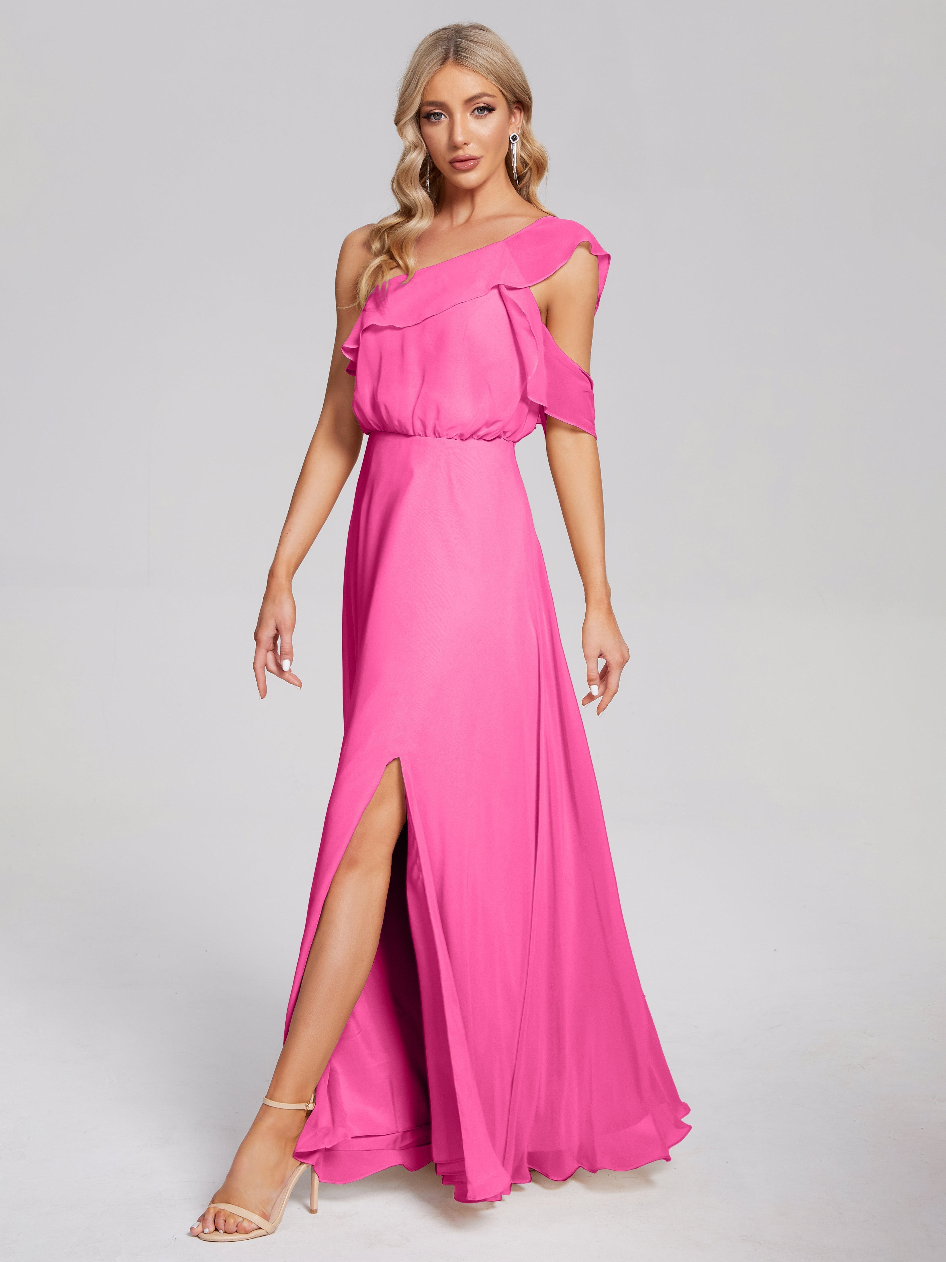 Robe Demoiselle D Honneur En Azalée Seule-Épaule Mousseline Robes Demoiselle D'Honneur À Volants