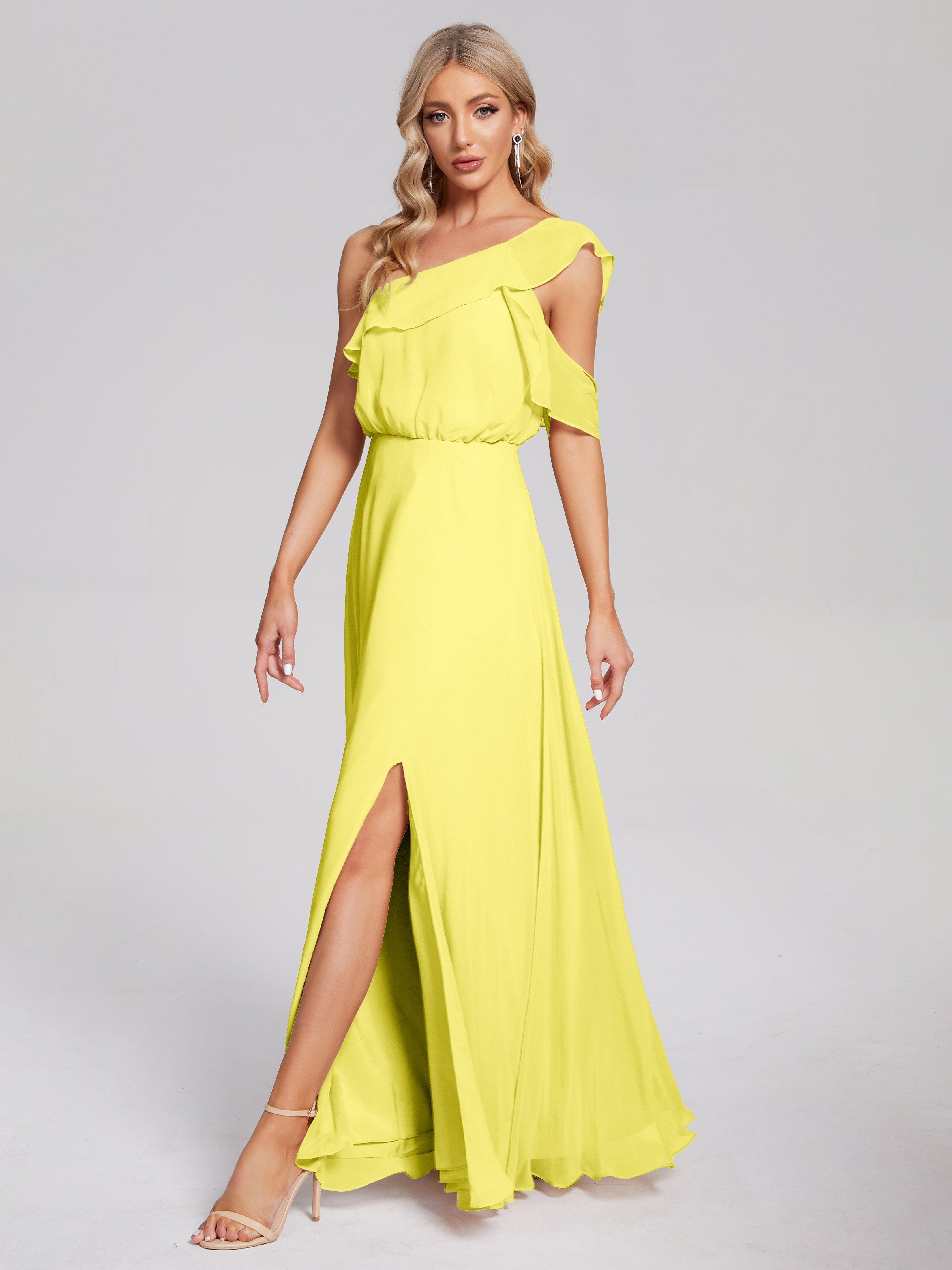 Robes De Demoiselle D'Honneur Citron Seule-Épaule Mousseline Robes Demoiselle D'Honneur À Volants