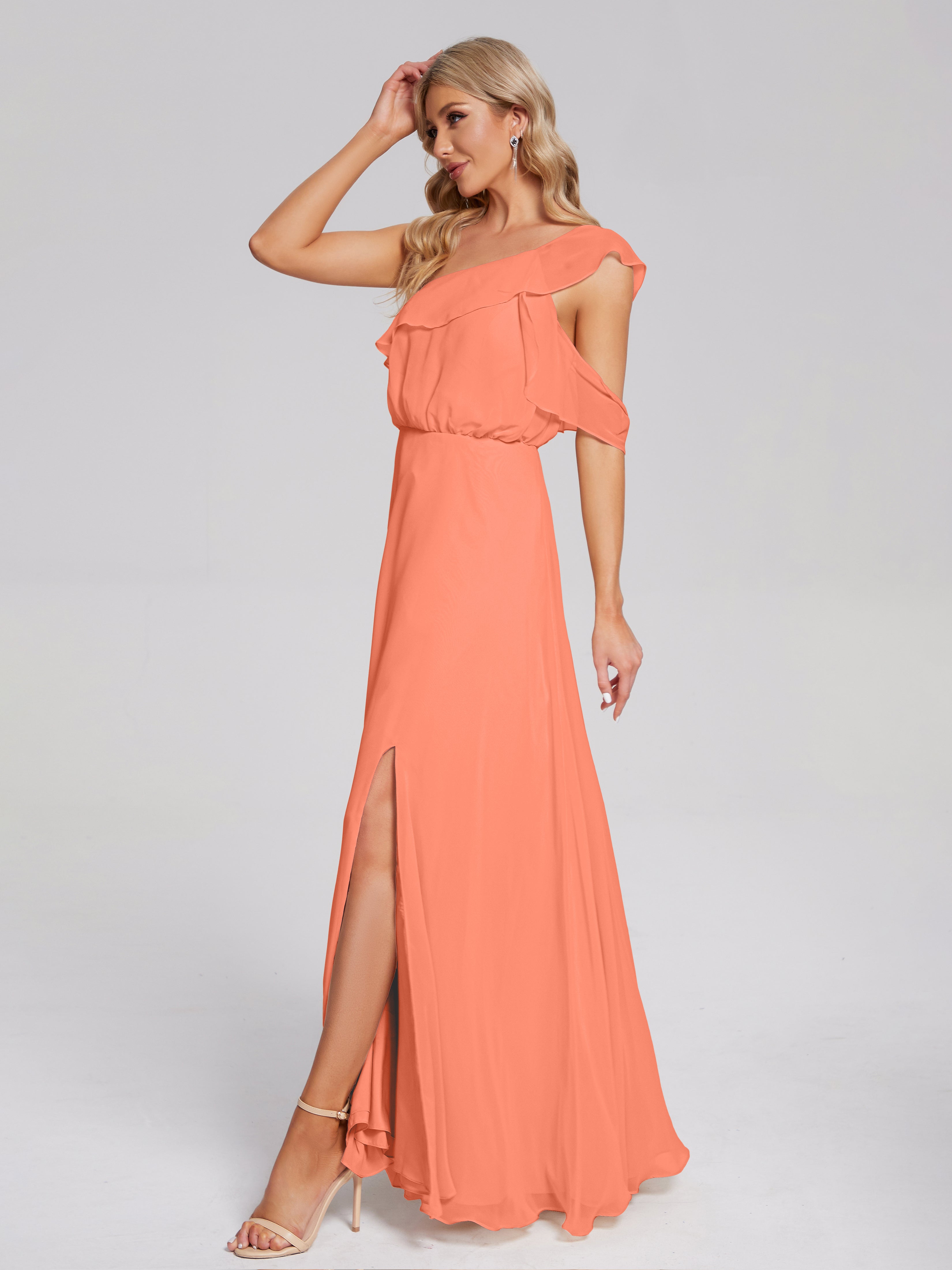 Robes De Demoiselle D'Honneur Coucher De Soleil Seule-Épaule Mousseline Robes Demoiselle D'Honneur À Volants