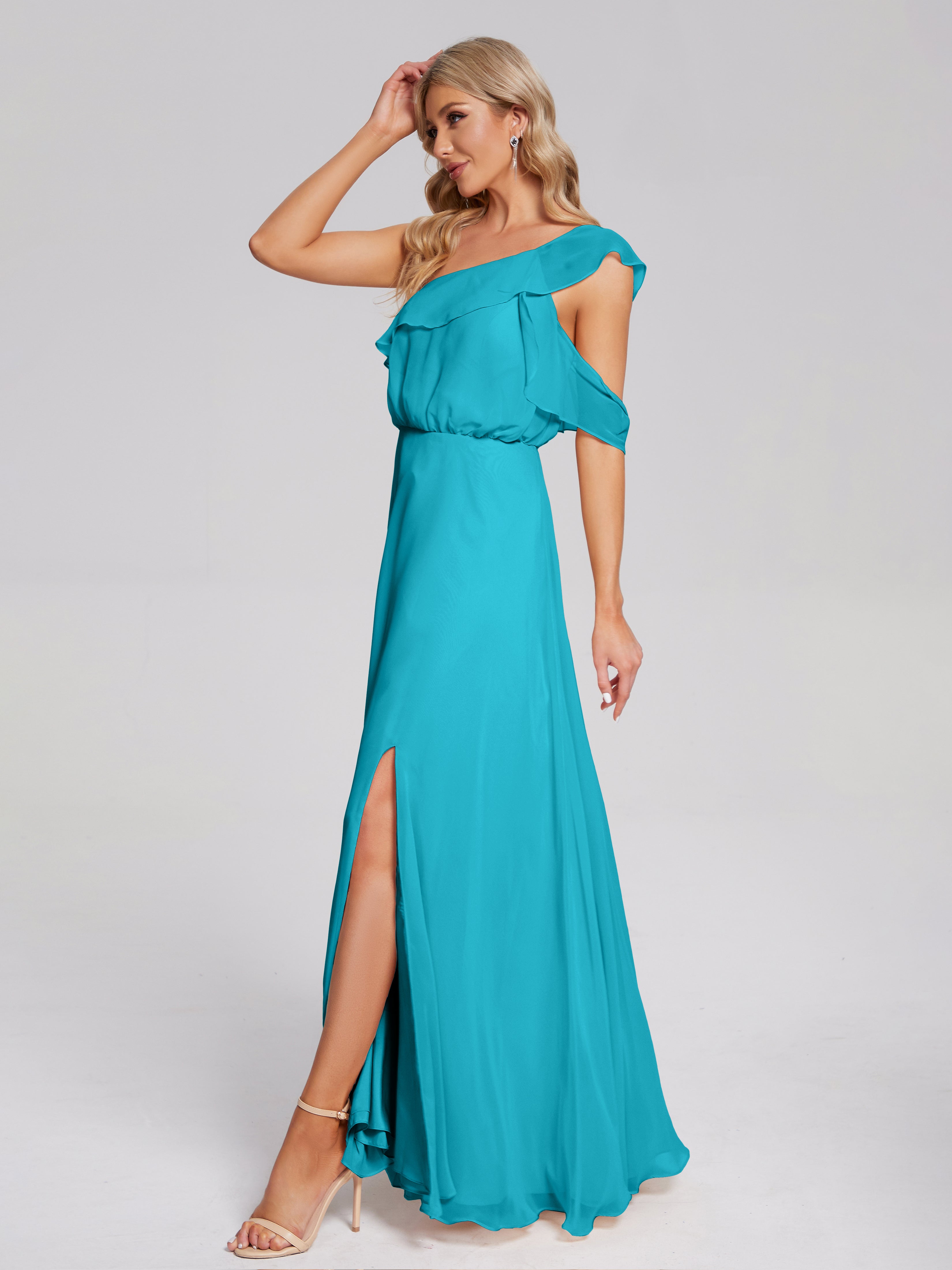 Robes De Demoiselle D'Honneur Jade Seule-Épaule Mousseline Robes Demoiselle D'Honneur À Volants