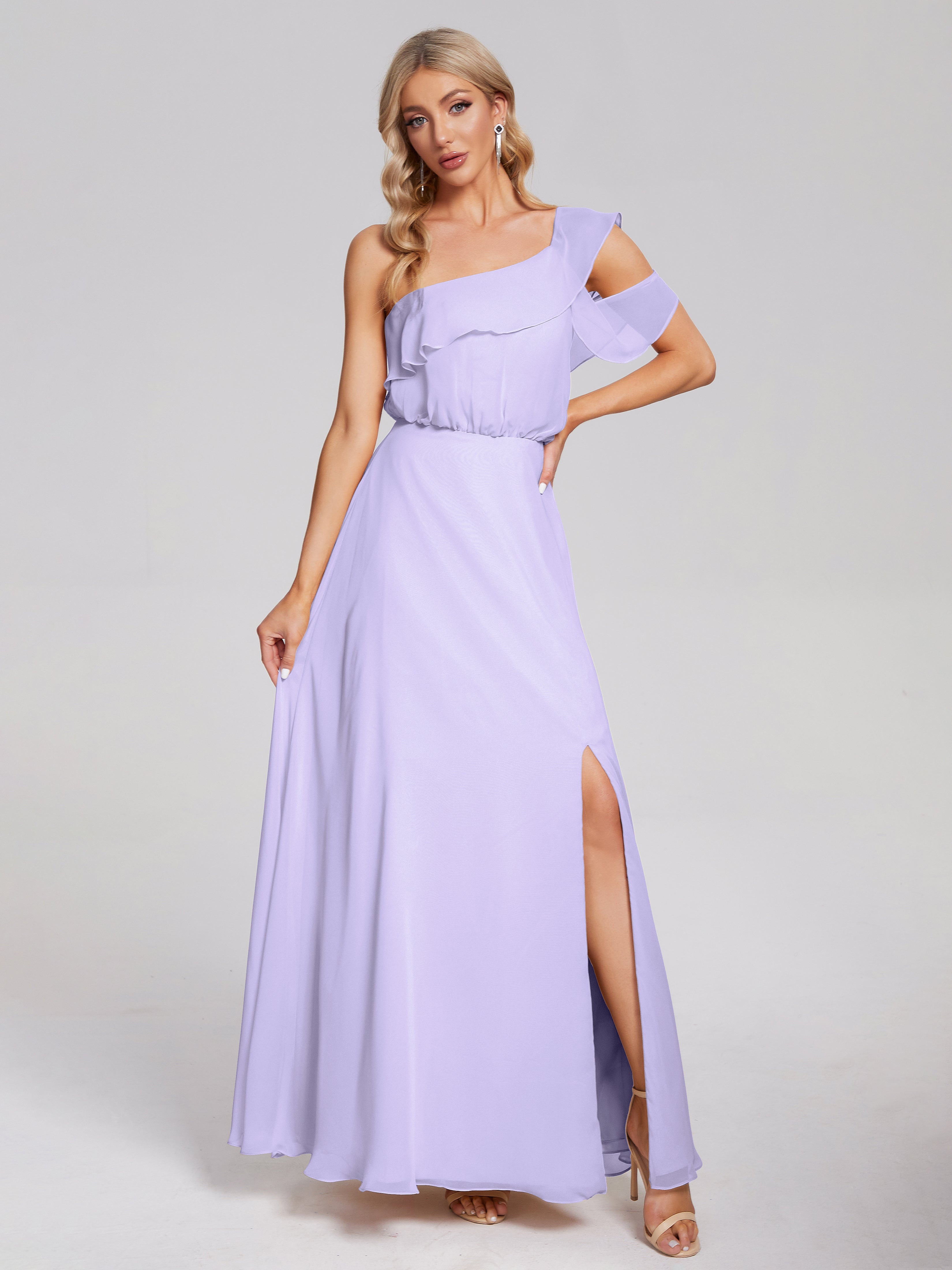 Robe Demoiselle D Honneur Couleur Lilas Seule-Épaule Mousseline Robes Demoiselle D'Honneur À Volants