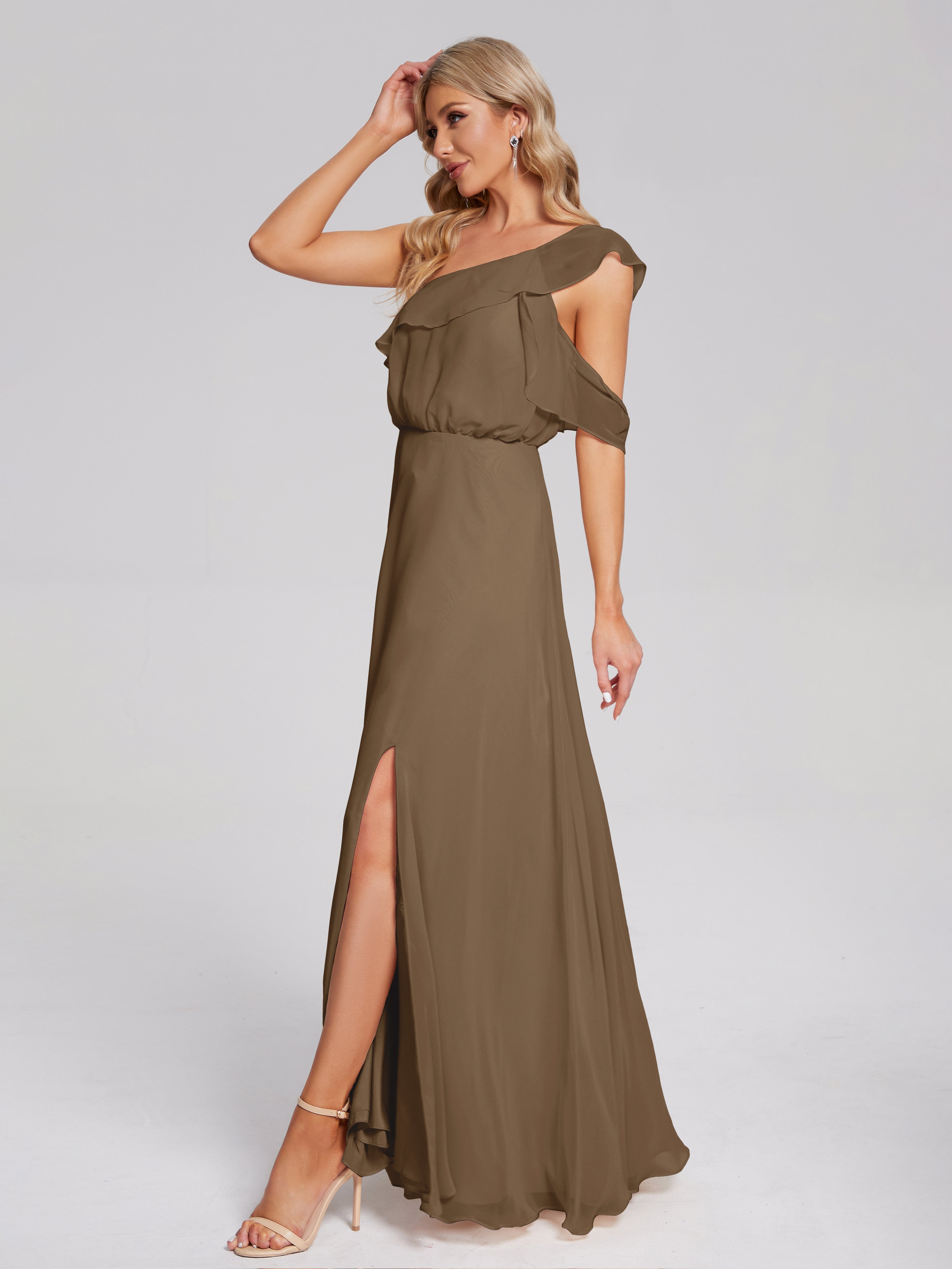 Robe Demoiselle D Honneur Moka Seule-Épaule Mousseline Robes Demoiselle D'Honneur À Volants