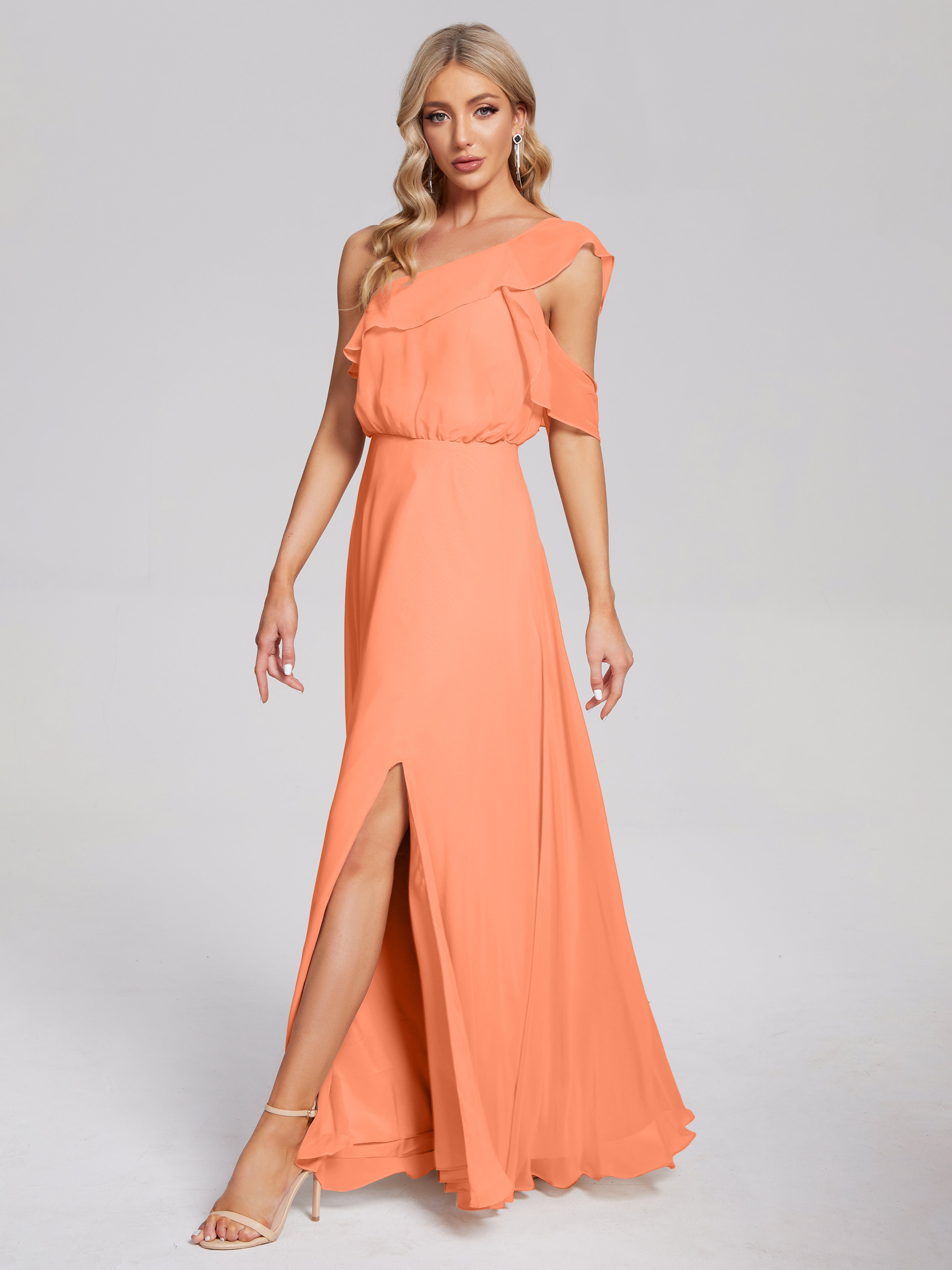 Robes De Demoiselle D'Honneur Papaye Seule-Épaule Mousseline Robes Demoiselle D'Honneur À Volants