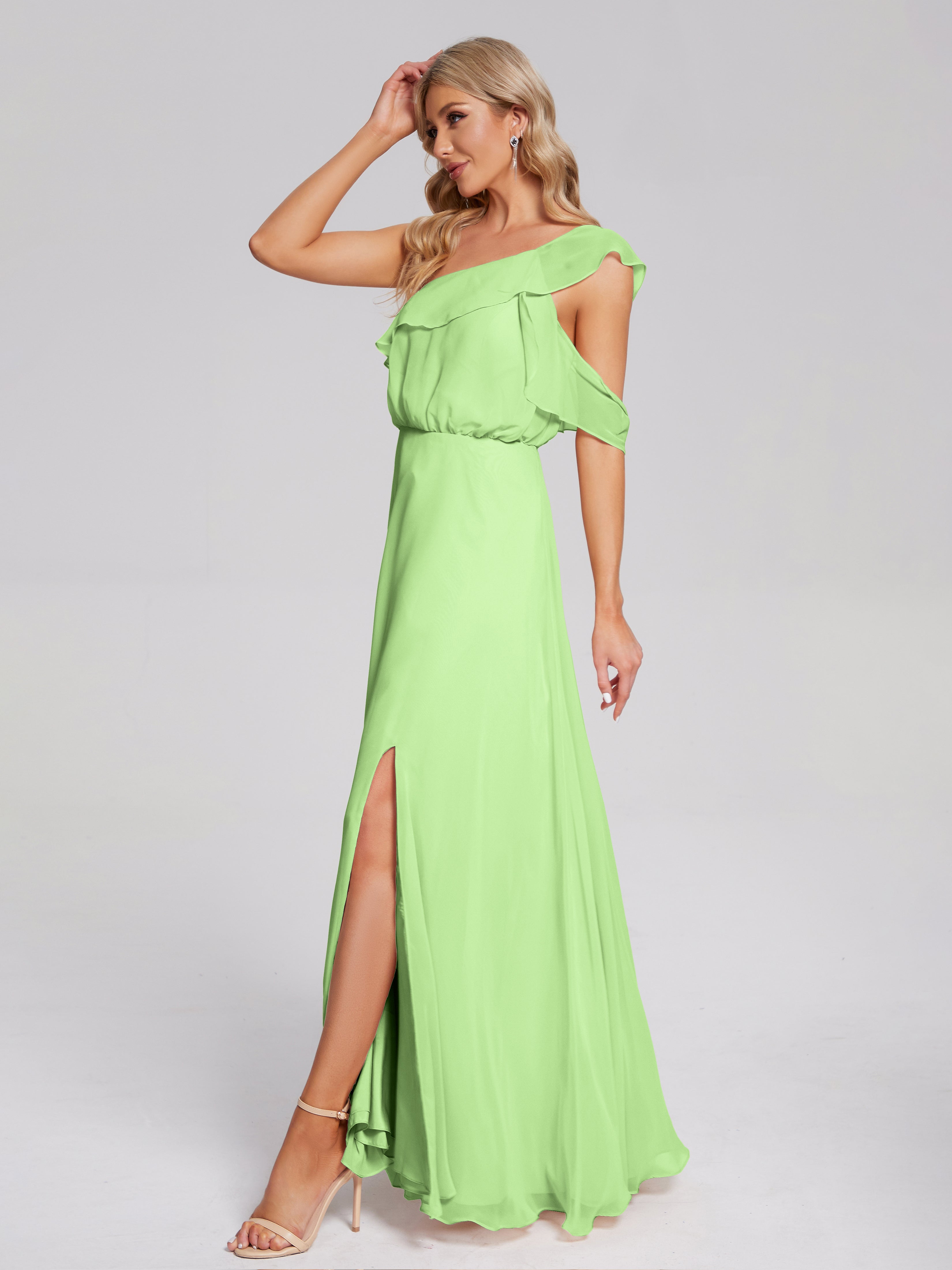 Robe Vert Sauge Demoiselle D Honneur Seule-Épaule Mousseline Robes Demoiselle D'Honneur À Volants