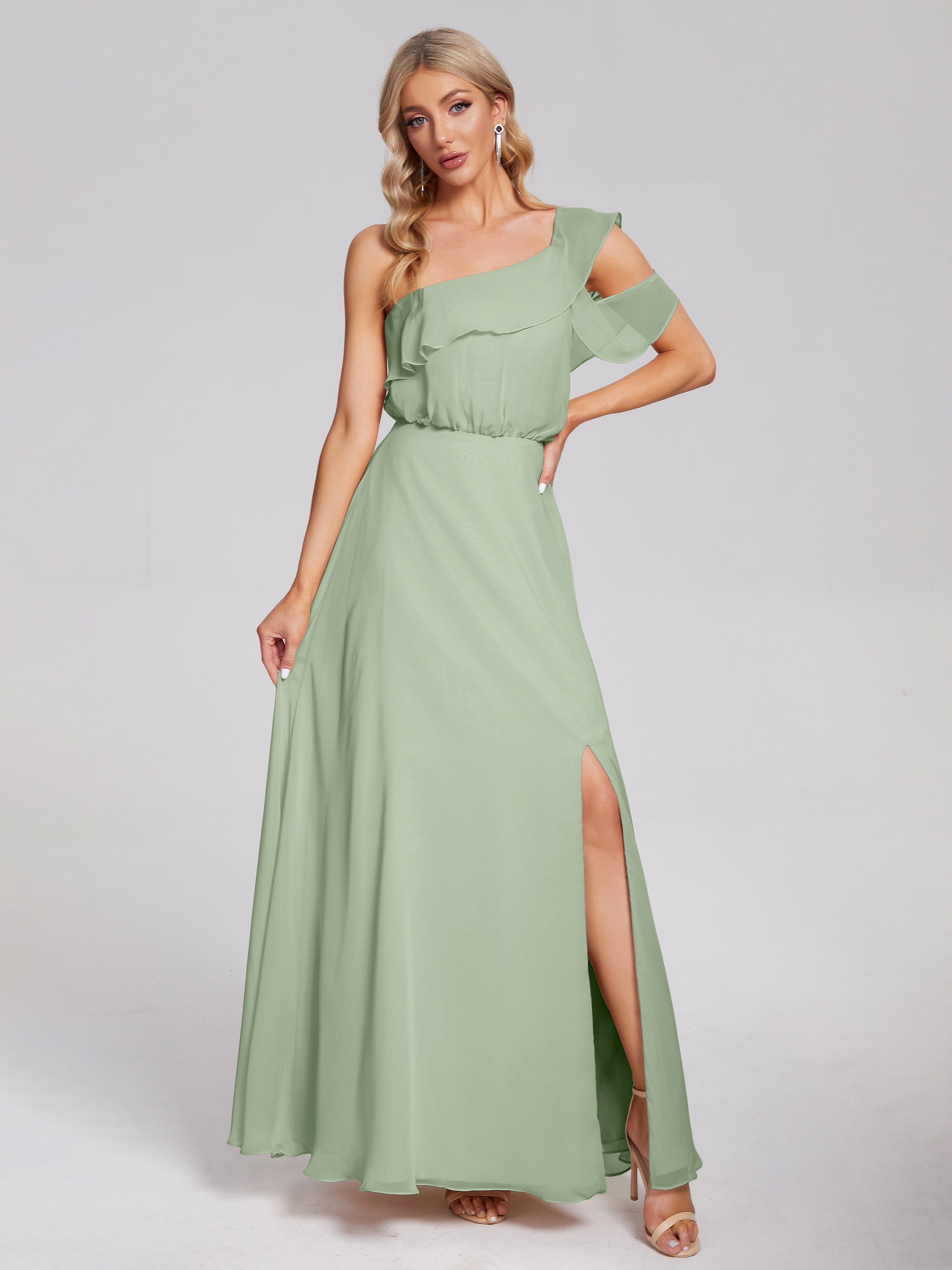 Robe Demoiselle D Honneur Sauge Poudrée Seule-Épaule Mousseline Robes Demoiselle D'Honneur À Volants