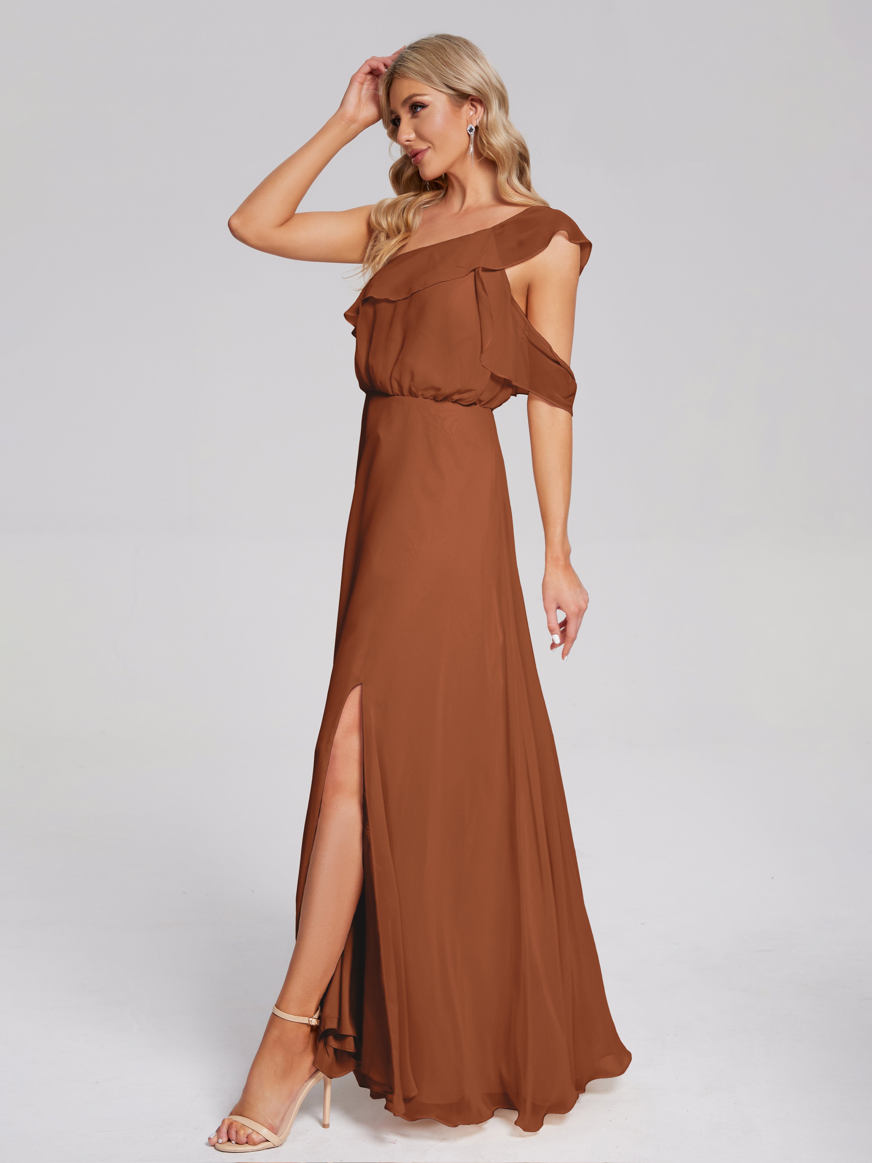 Robes Pour Demoiselles D Honneur Robe Terracotta Seule-Épaule Mousseline Robes Demoiselle D'Honneur À Volants