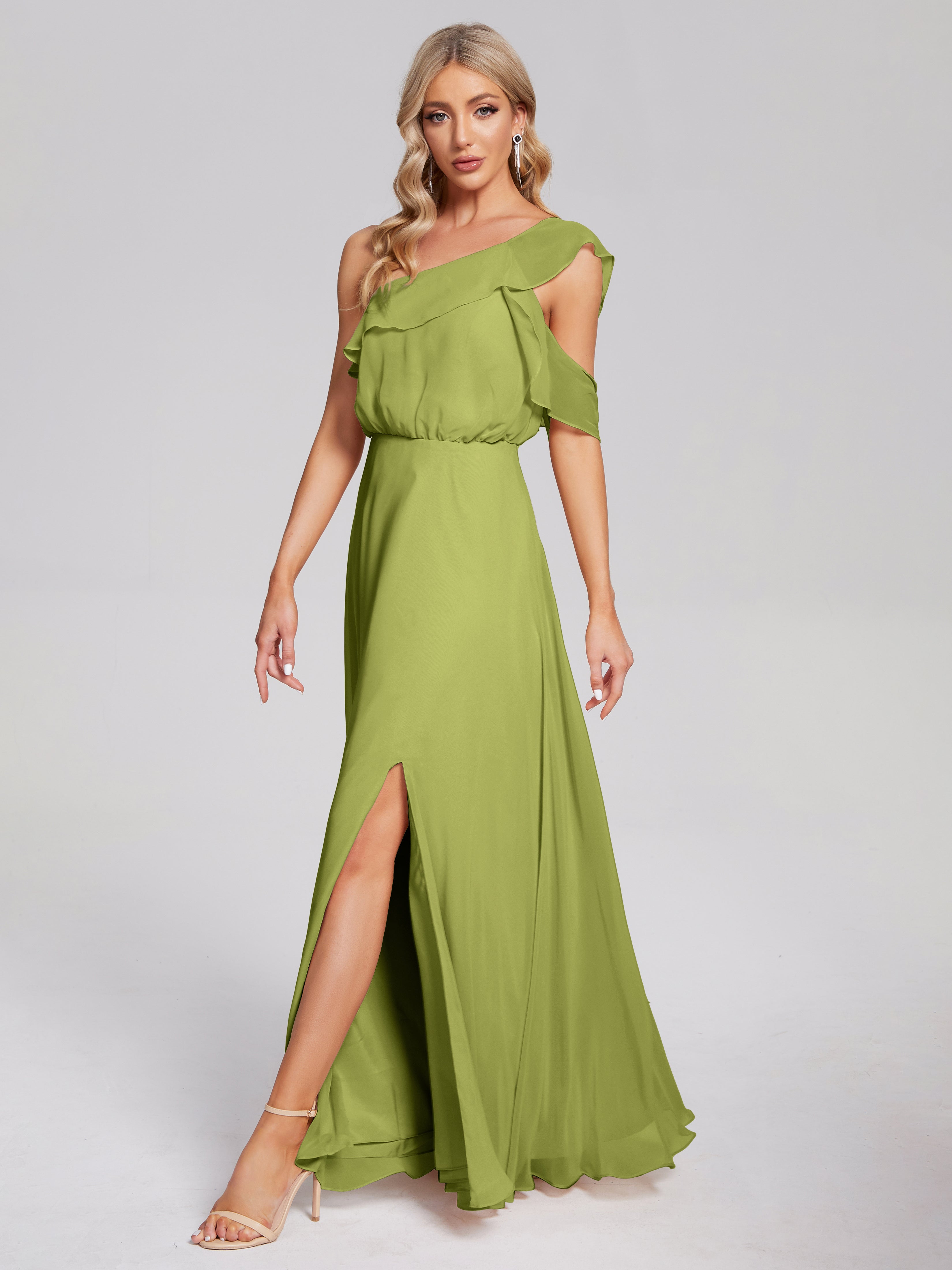 Robes De Demoiselle D'Honneur Trèfle Seule-Épaule Mousseline Robes Demoiselle D'Honneur À Volants