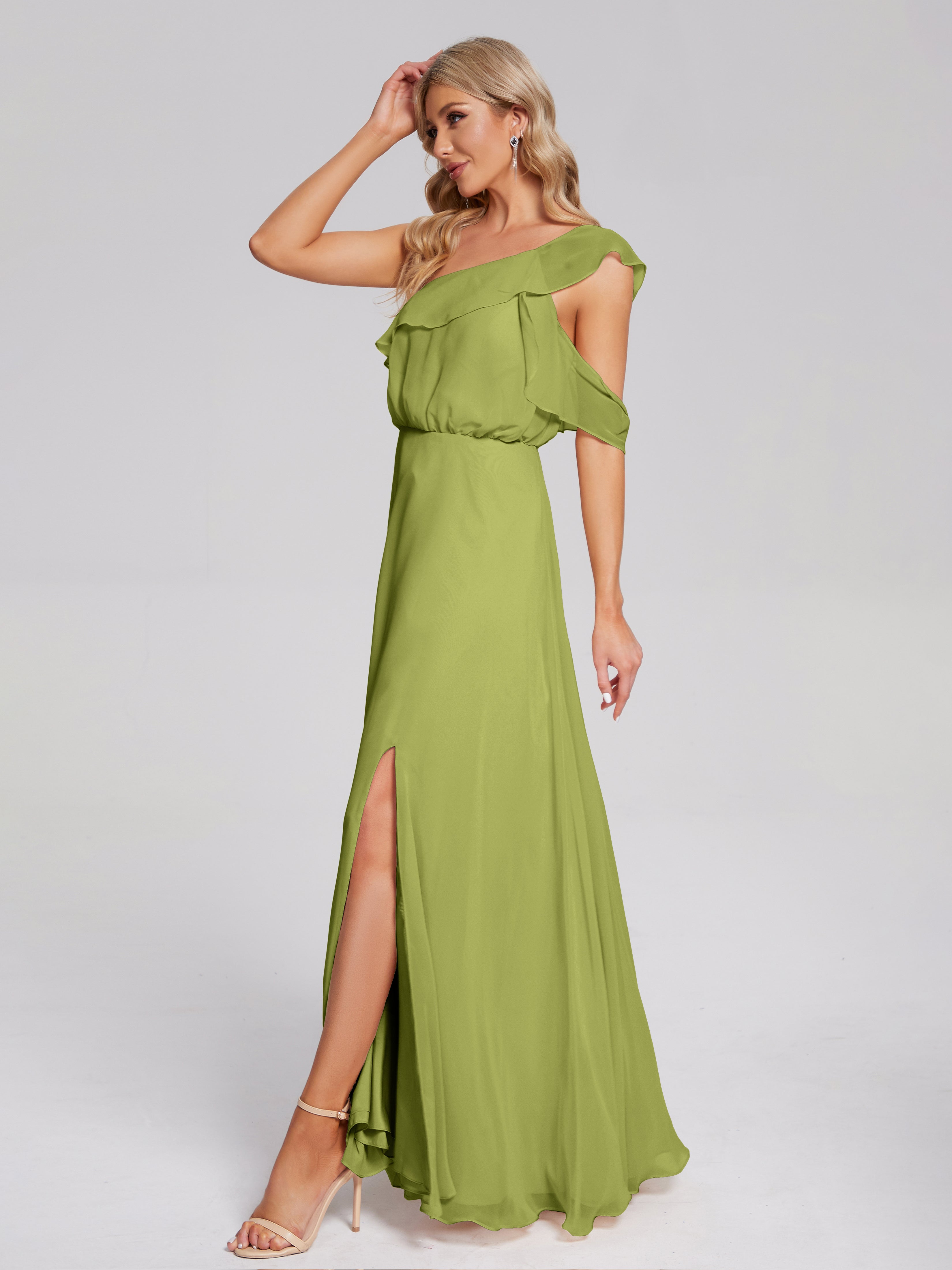 Robes De Demoiselle D'Honneur Trèfle Seule-Épaule Mousseline Robes Demoiselle D'Honneur À Volants