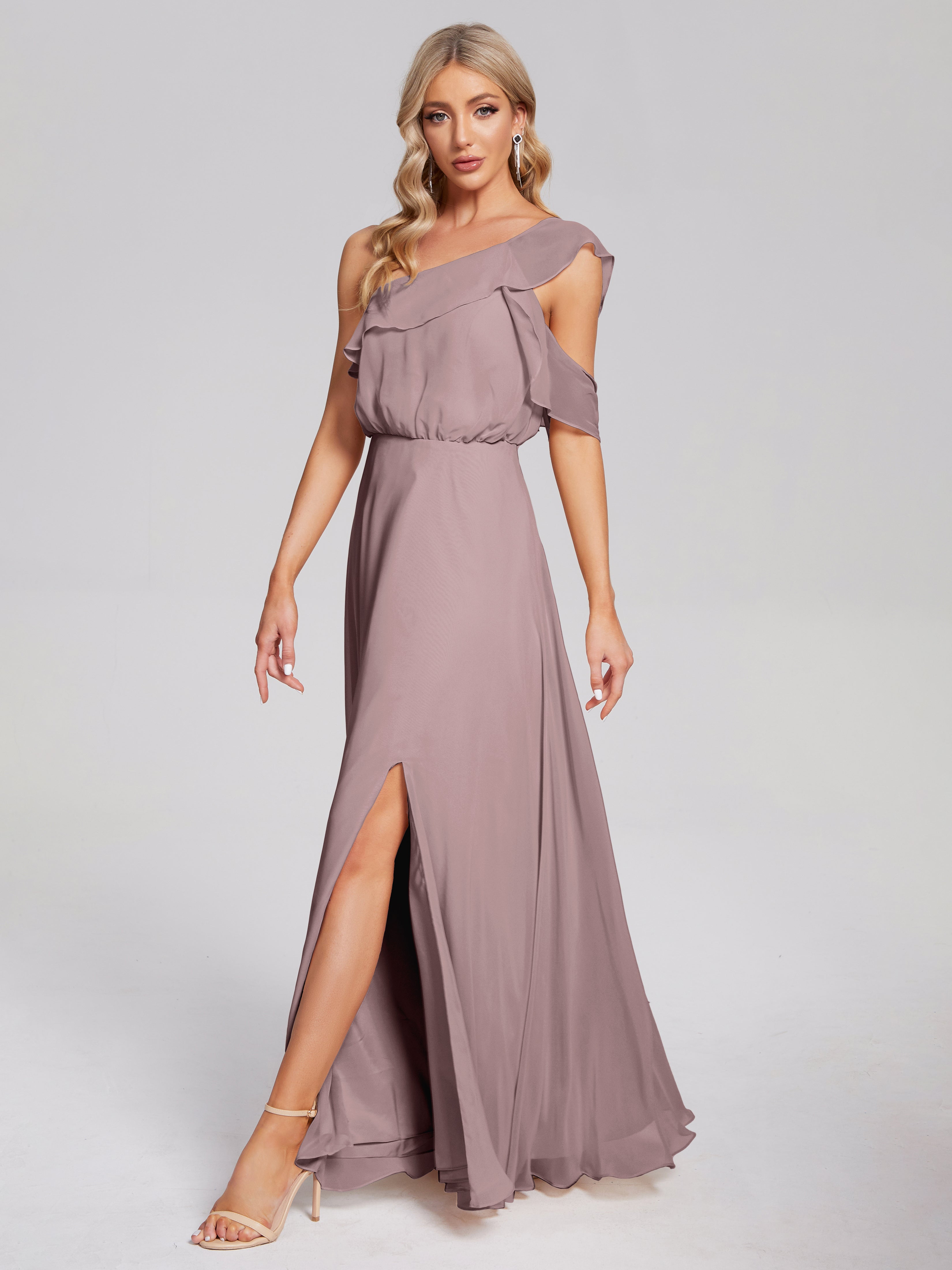 Robes De Demoiselle D'Honneur Mauve Foncé Seule-Épaule Mousseline Robes Demoiselle D'Honneur À Volants