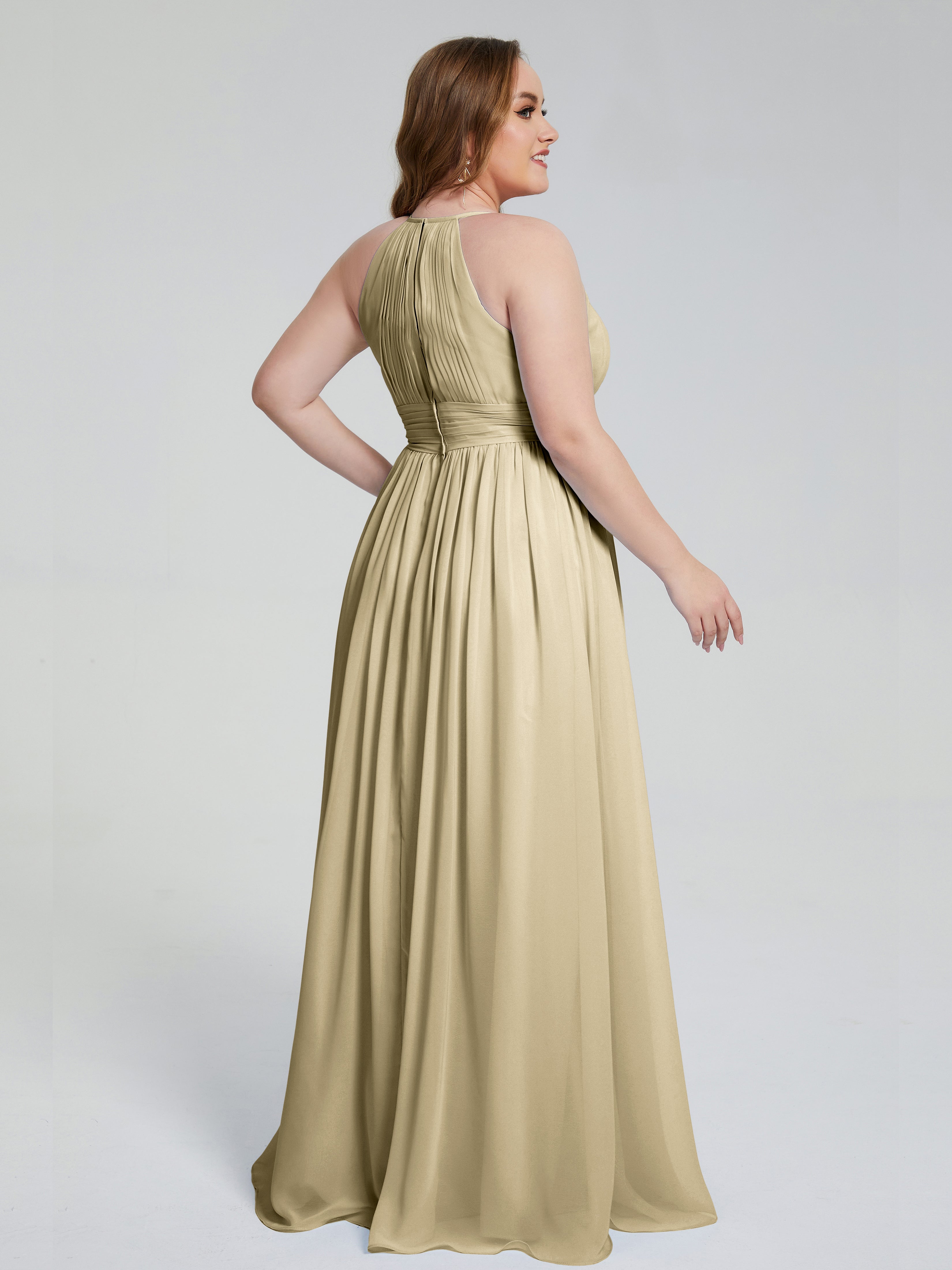 Robe Demoiselle D Honneur Champagne Payton Élégante Licou Mousseline Robes Demoiselle D'Honneur Grande Taille