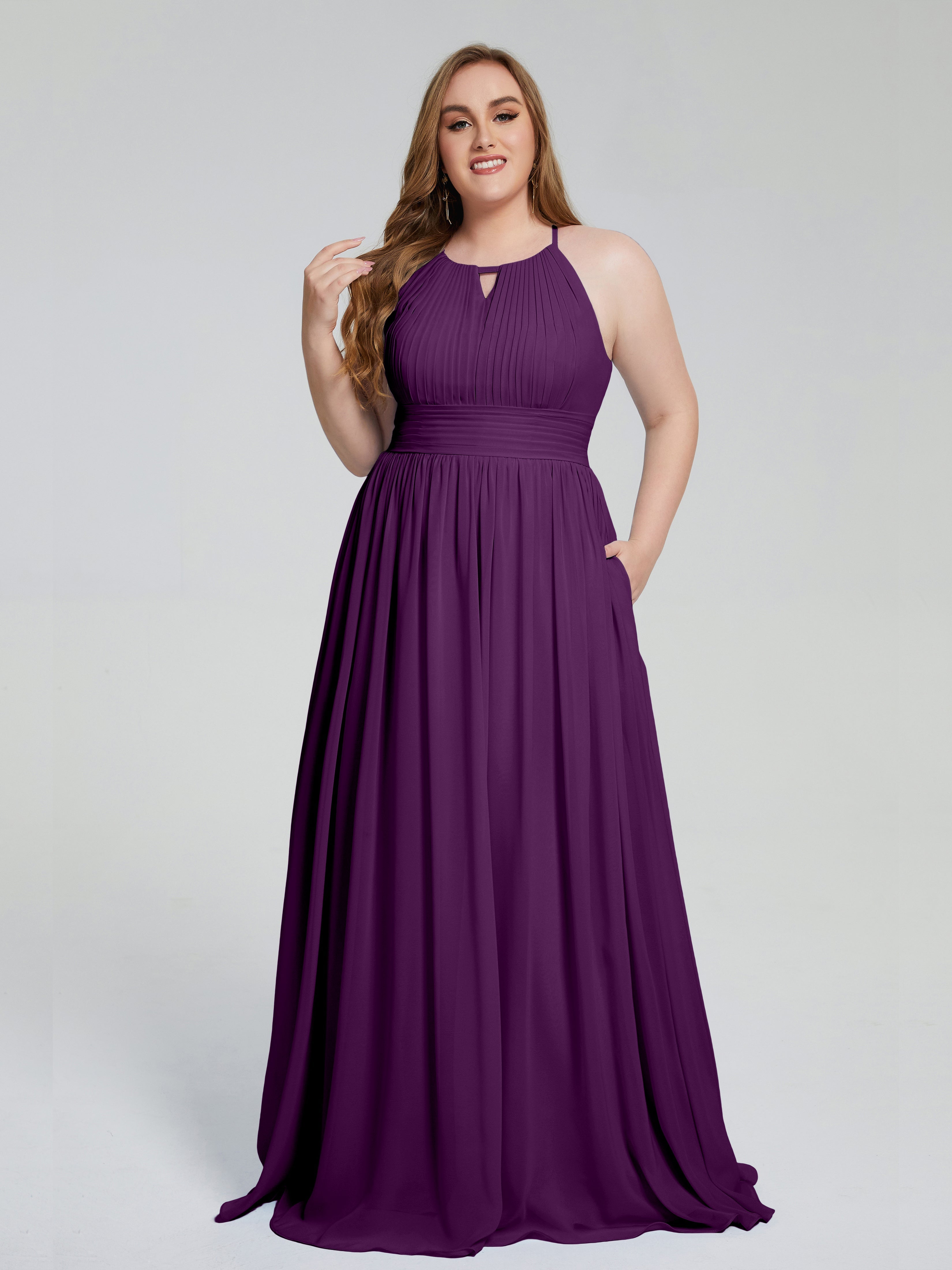 Robes De Demoiselle D'Honneur En Raisin Payton Élégante Licou Mousseline Robes Demoiselle D'Honneur Grande Taille