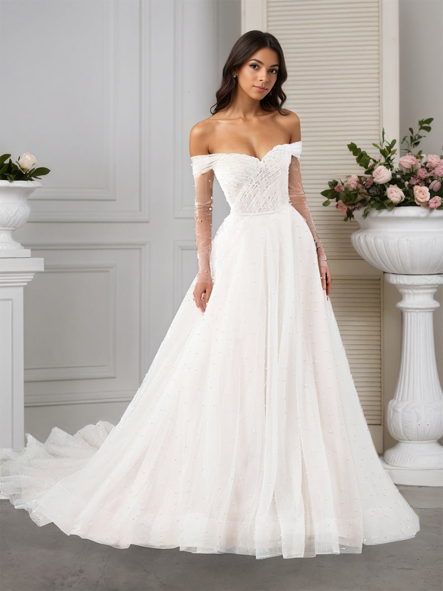 Cicinia Robe de Mariée en Tulle à Manches Longues Perlé Épaules Dénudées Féerique