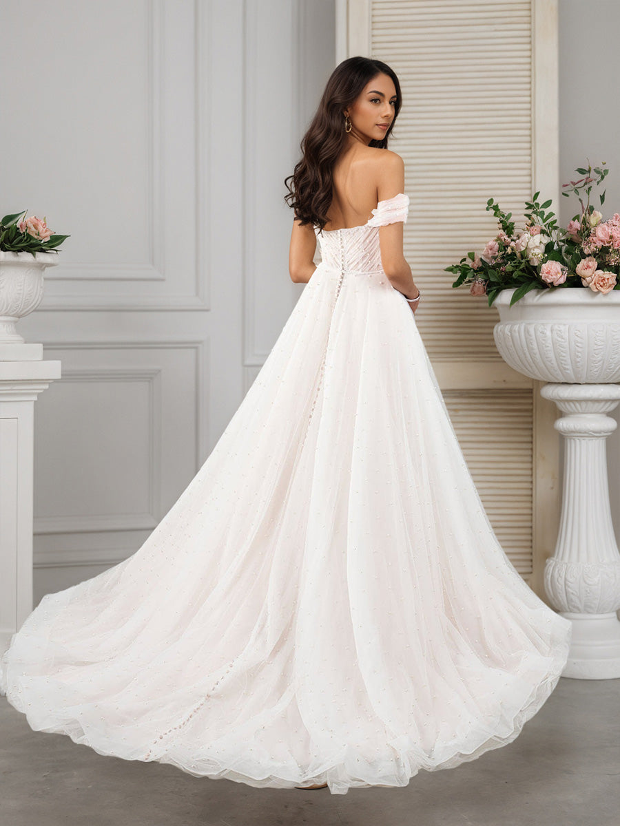 Cicinia Robe de Mariée en Tulle à Manches Longues Perlé Épaules Dénudées Féerique