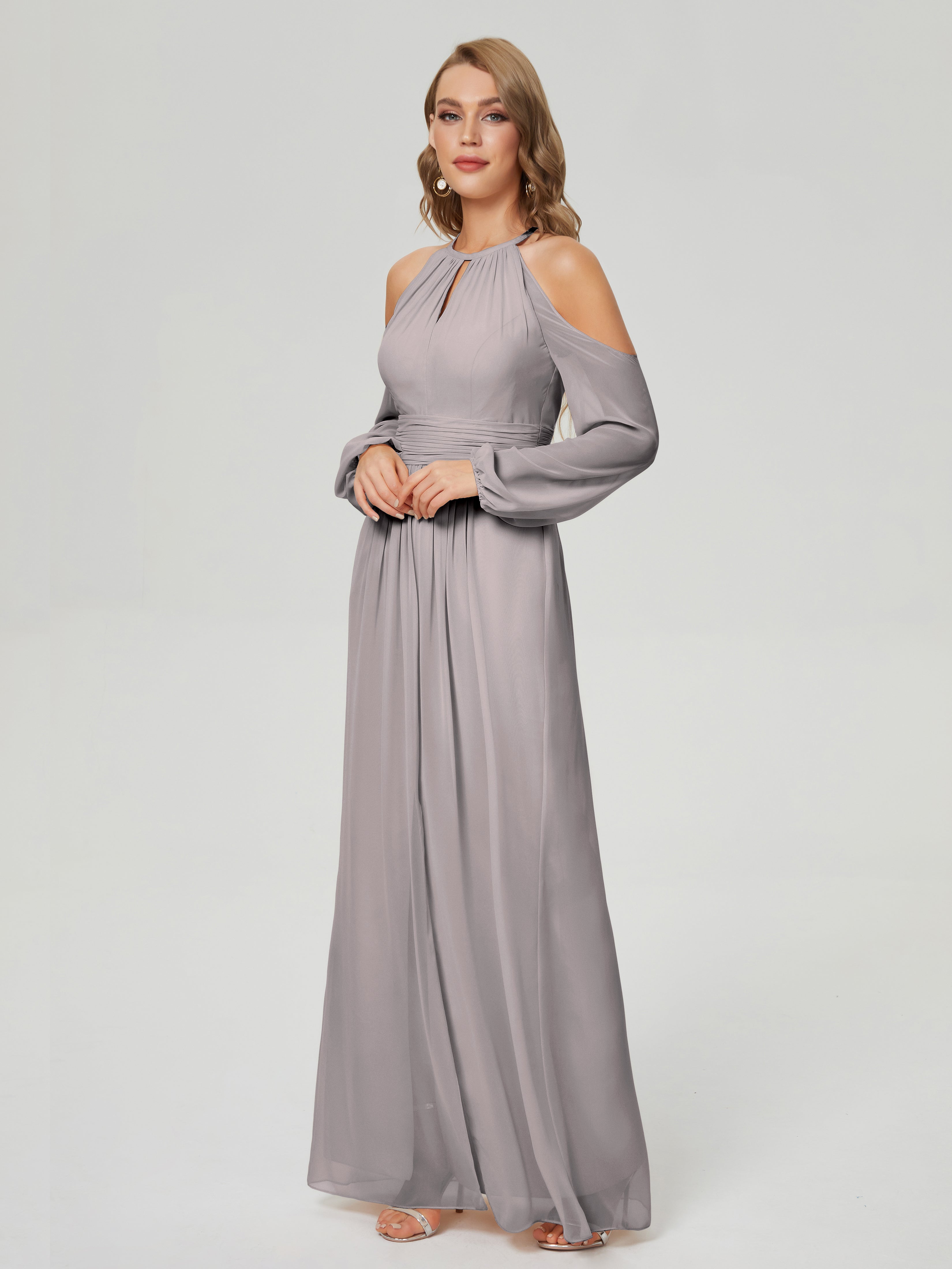 Robe Demoiselle D Honneur Argenté Manches Longues Licou Mousseline Robe De Demoiselle D'Honneur