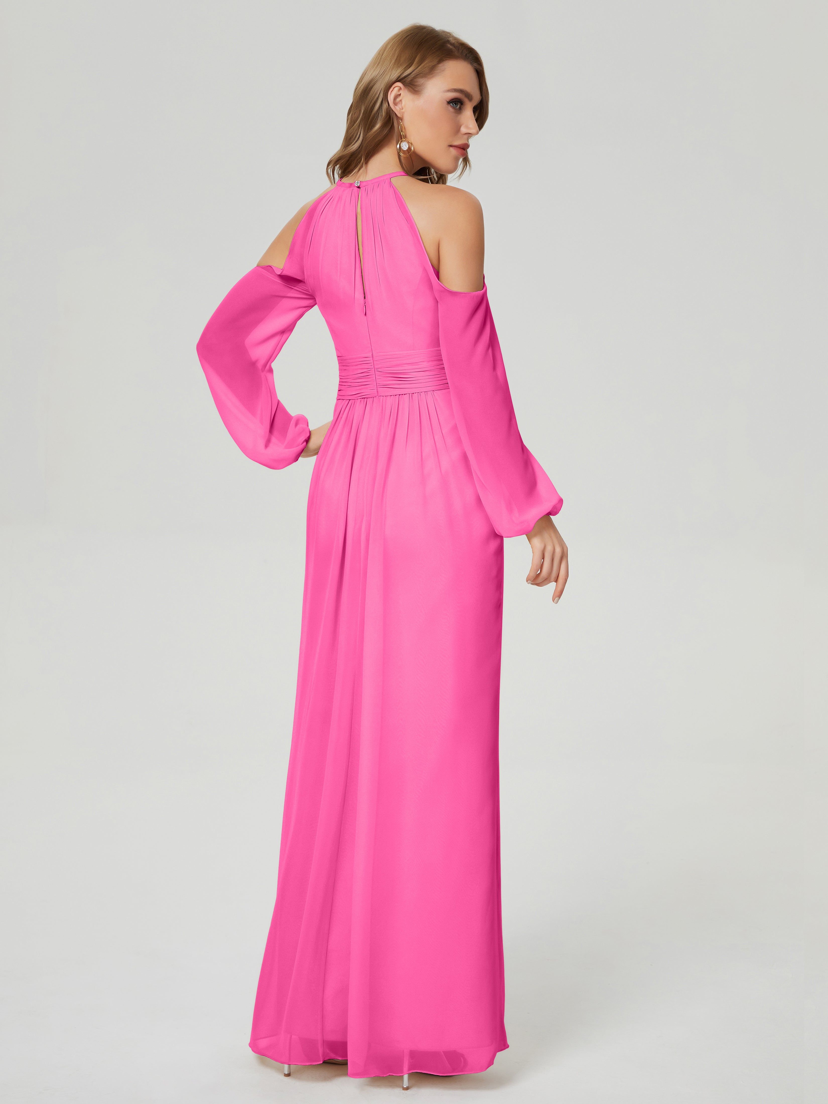 Robe Demoiselle D Honneur En Azalée Manches Longues Licou Mousseline Robe De Demoiselle D'Honneur