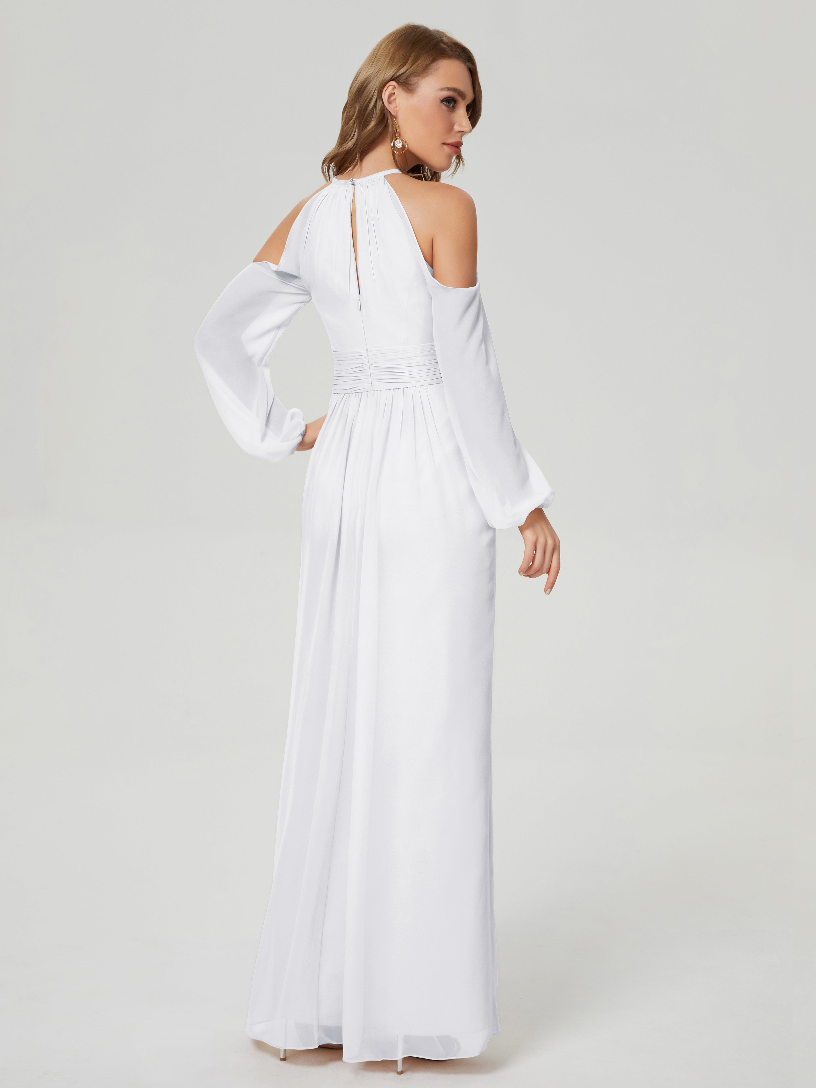 Robe Demoiselle D Honneur Blanc Manches Longues Licou Mousseline Robe De Demoiselle D'Honneur