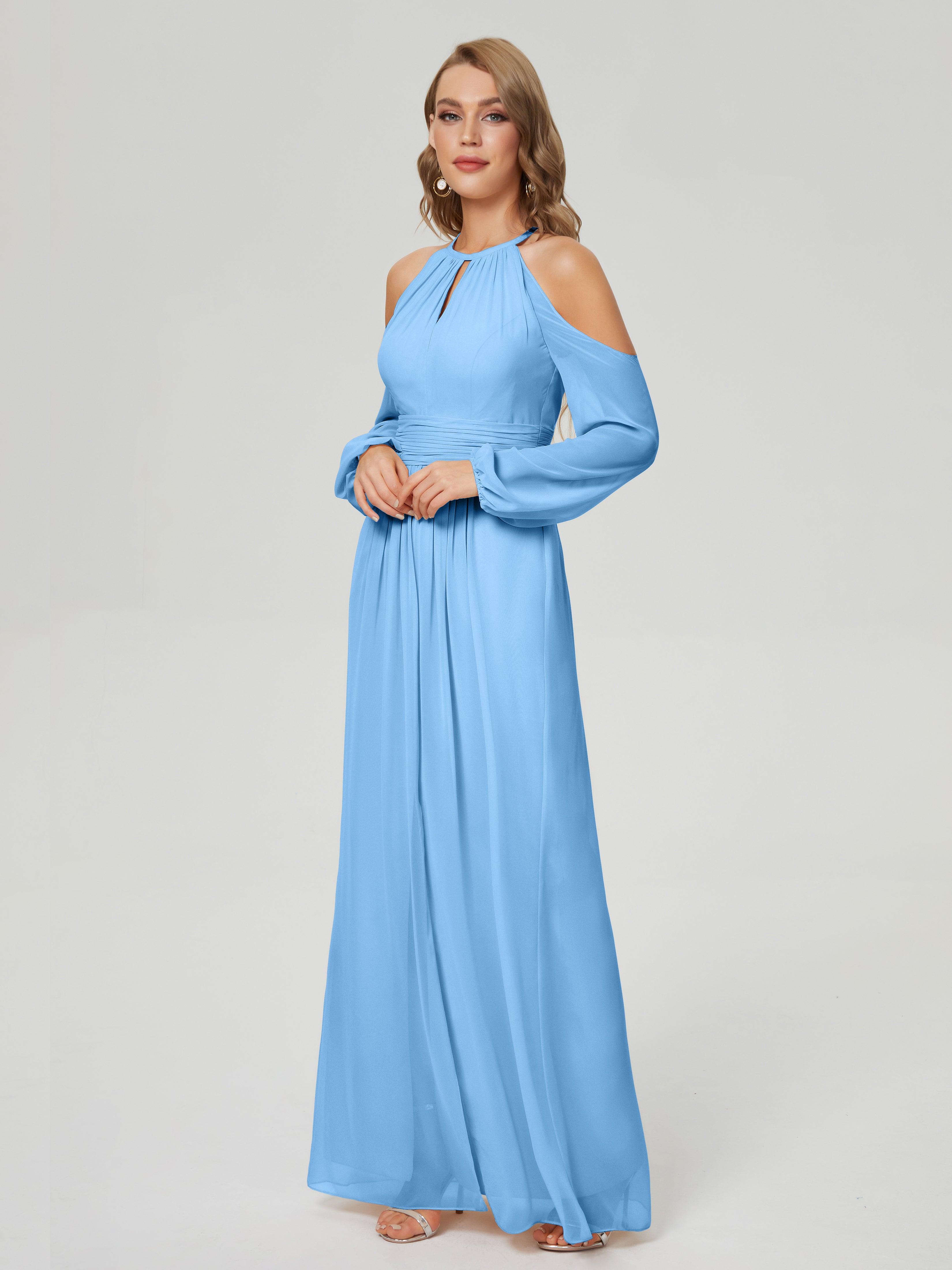 Robe Bleue Demoiselle D Honneur Manches Longues Licou Mousseline Robe De Demoiselle D'Honneur