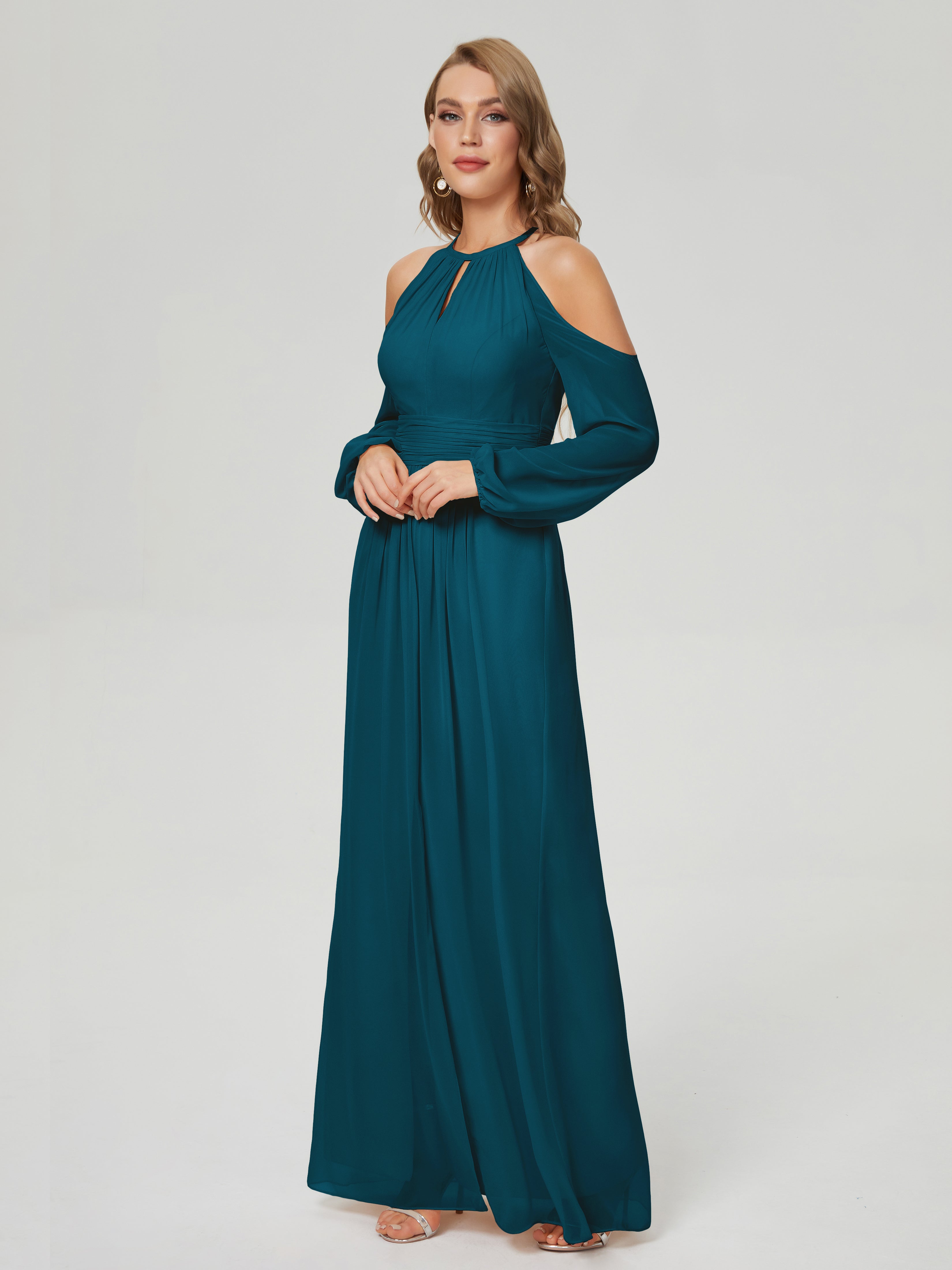 Robes De Demoiselle D'Honneur Bleu Encre Manches Longues Licou Mousseline Robe De Demoiselle D'Honneur