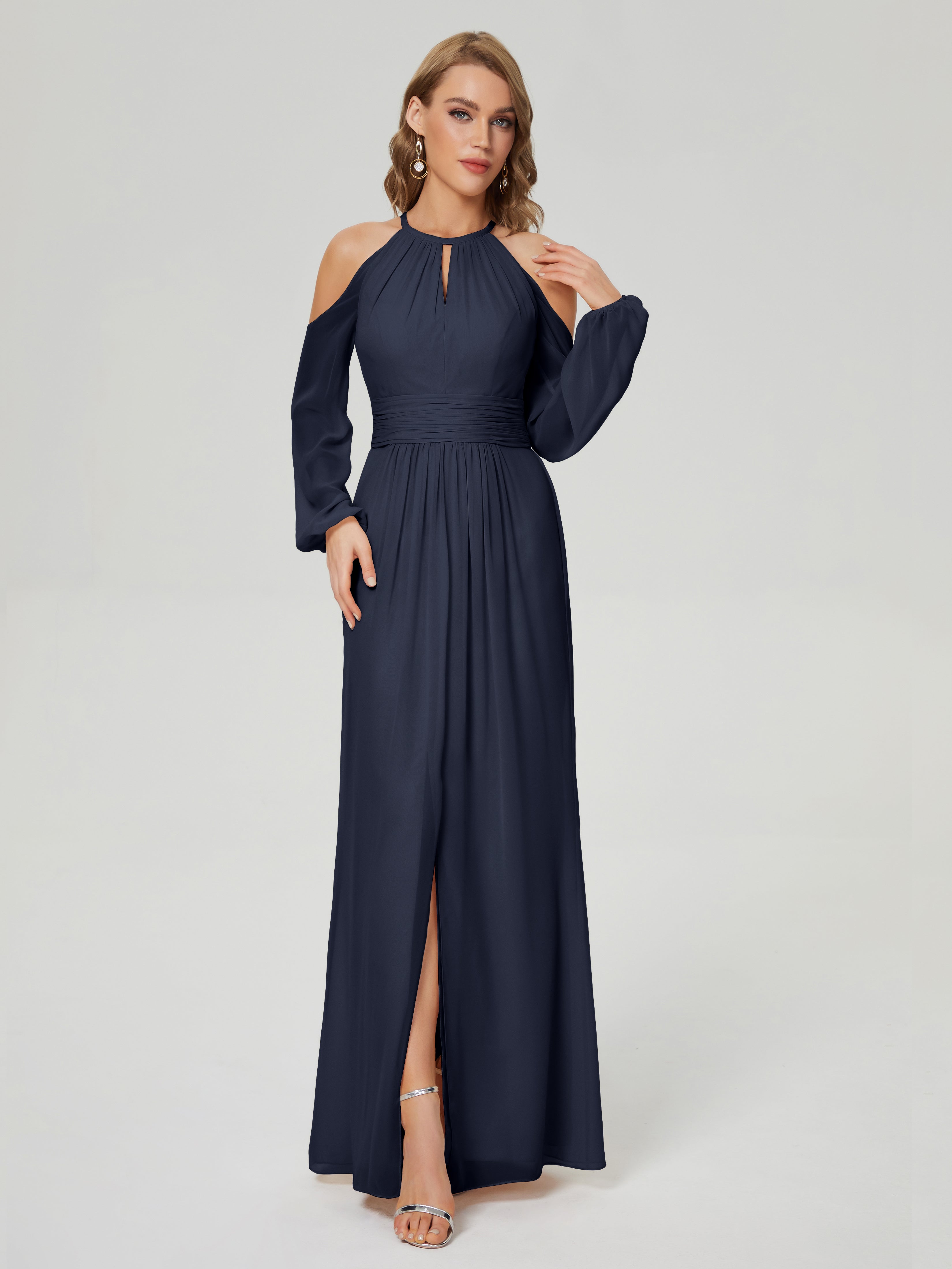 Robe Demoiselle Dhonneur Bleu Marine Manches Longues Licou Mousseline Robe De Demoiselle D'Honneur