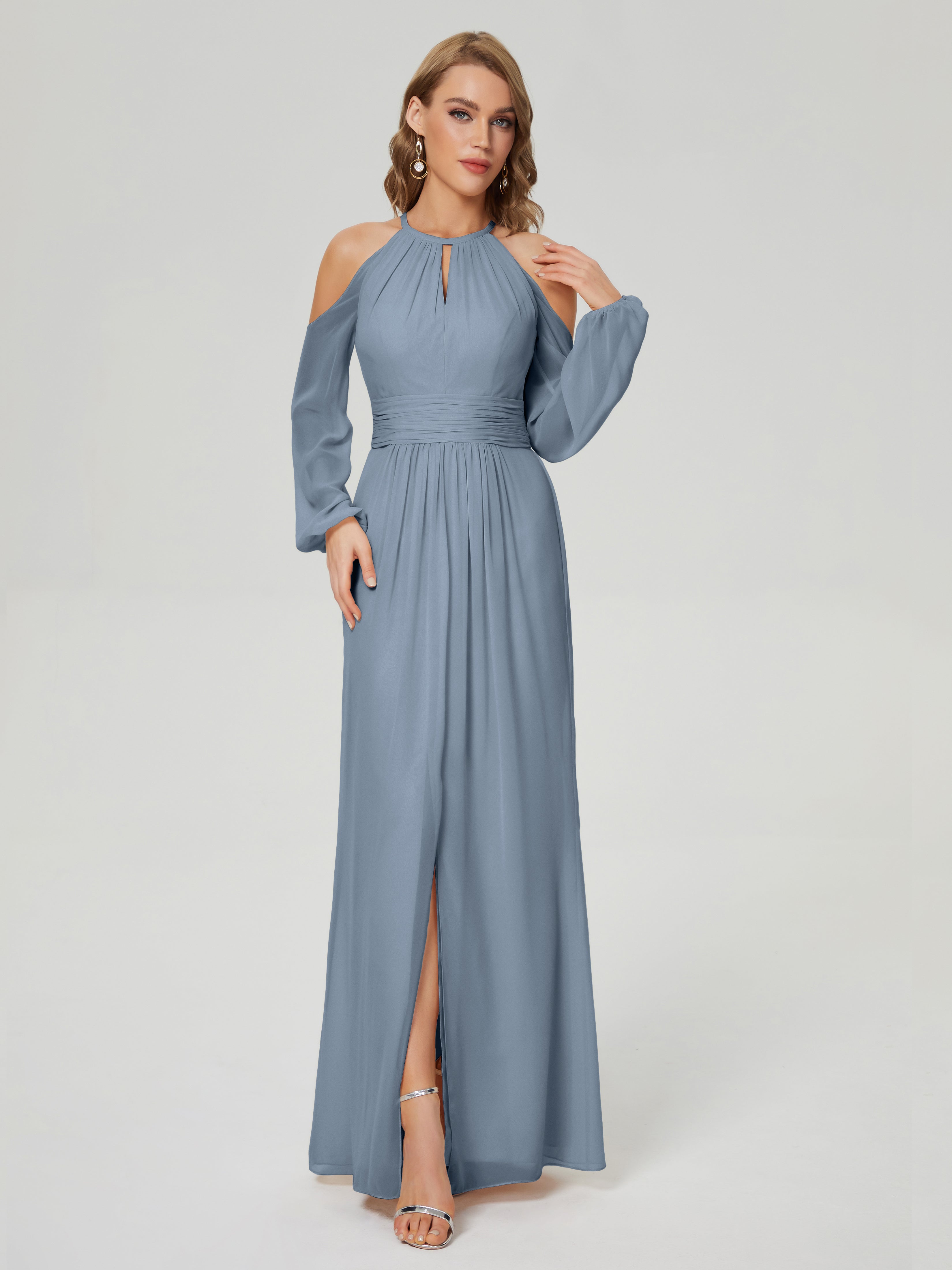 Robes De Demoiselle D'Honneur Bleu Poussiéreux Manches Longues Licou Mousseline Robe De Demoiselle D'Honneur