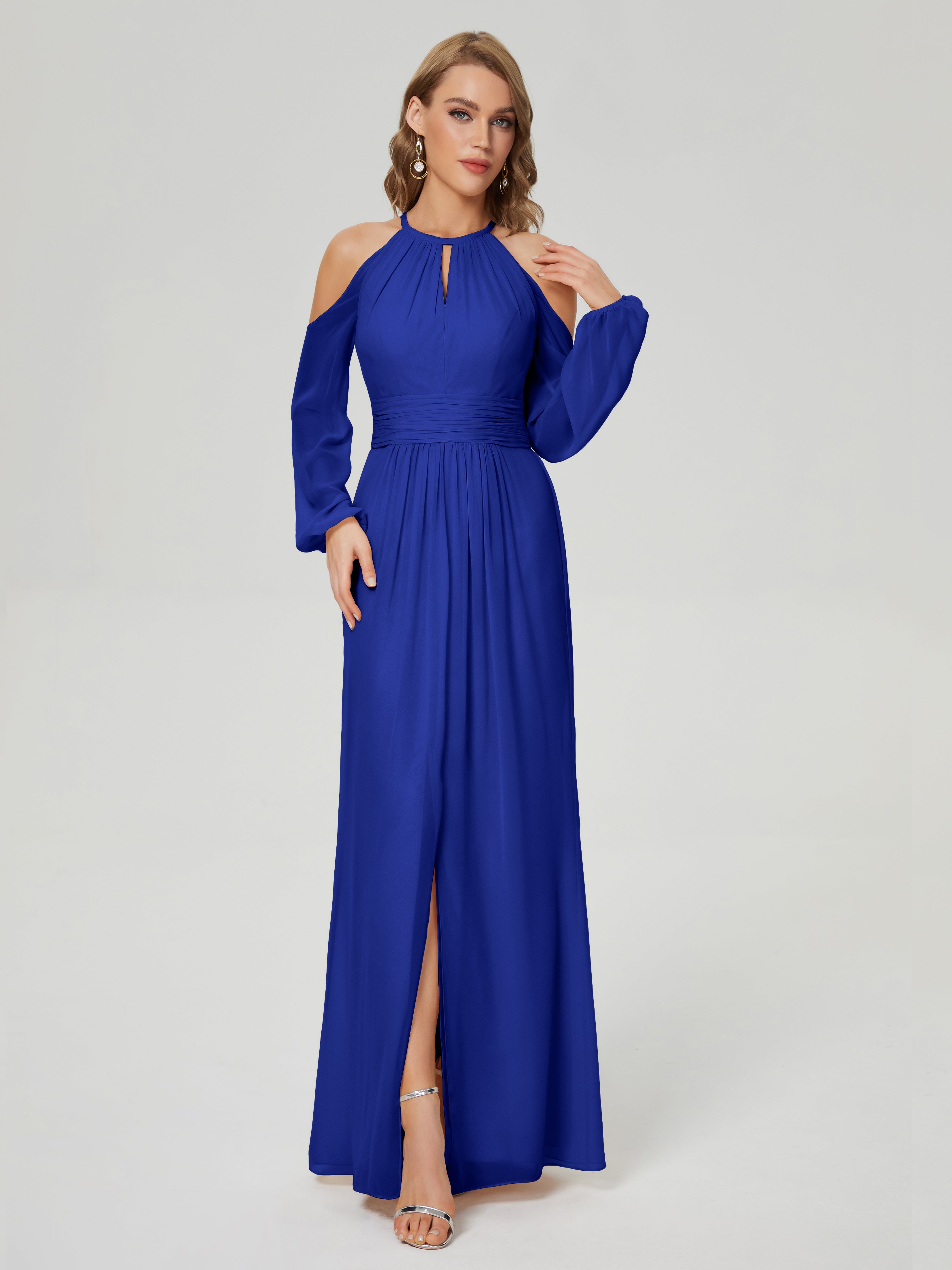 Demoiselle D Honneur Bleu Roi Manches Longues Licou Mousseline Robe De Demoiselle D'Honneur