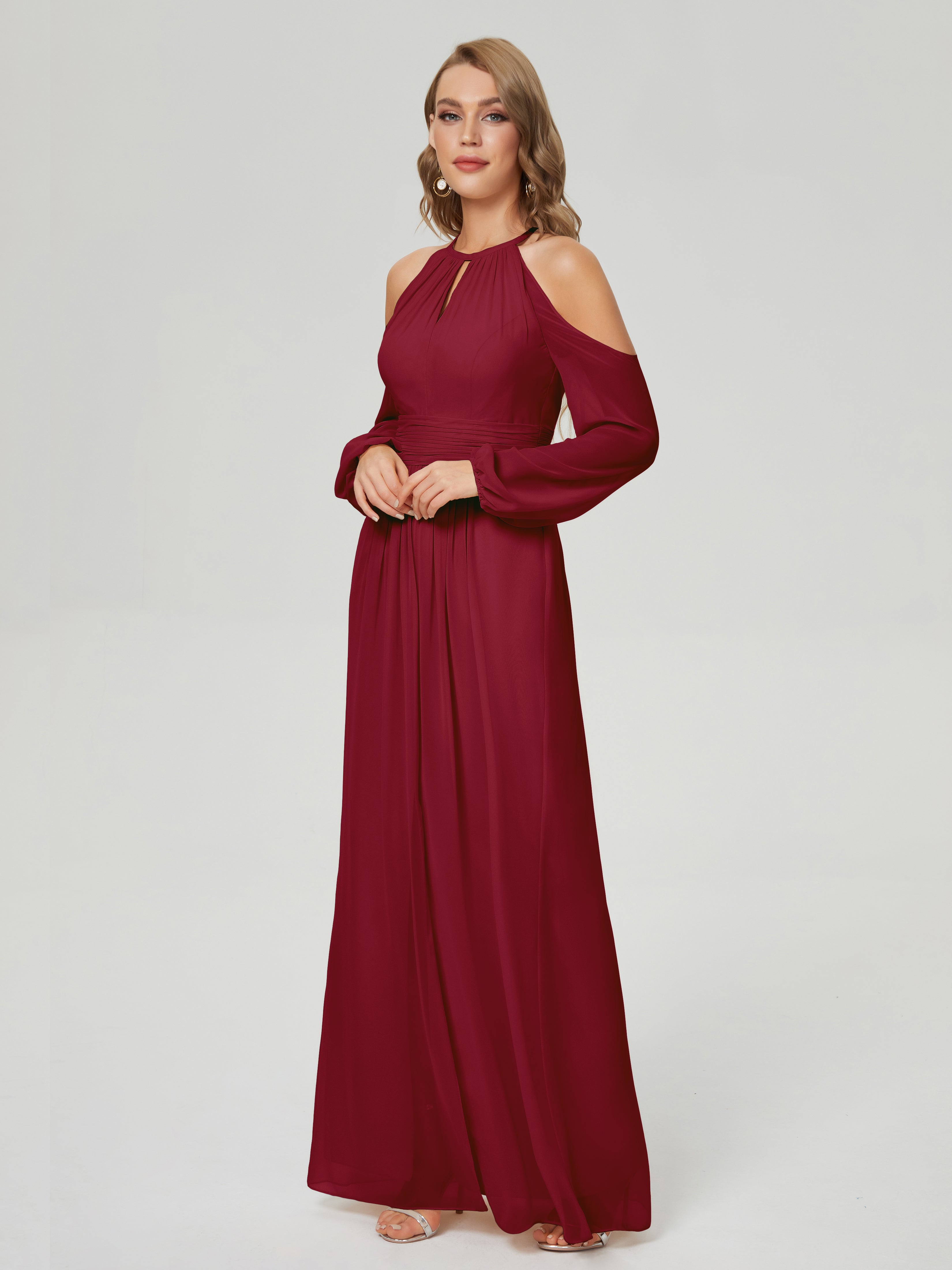 Demoiselle D Honneur Bordeaux Manches Longues Licou Mousseline Robe De Demoiselle D'Honneur