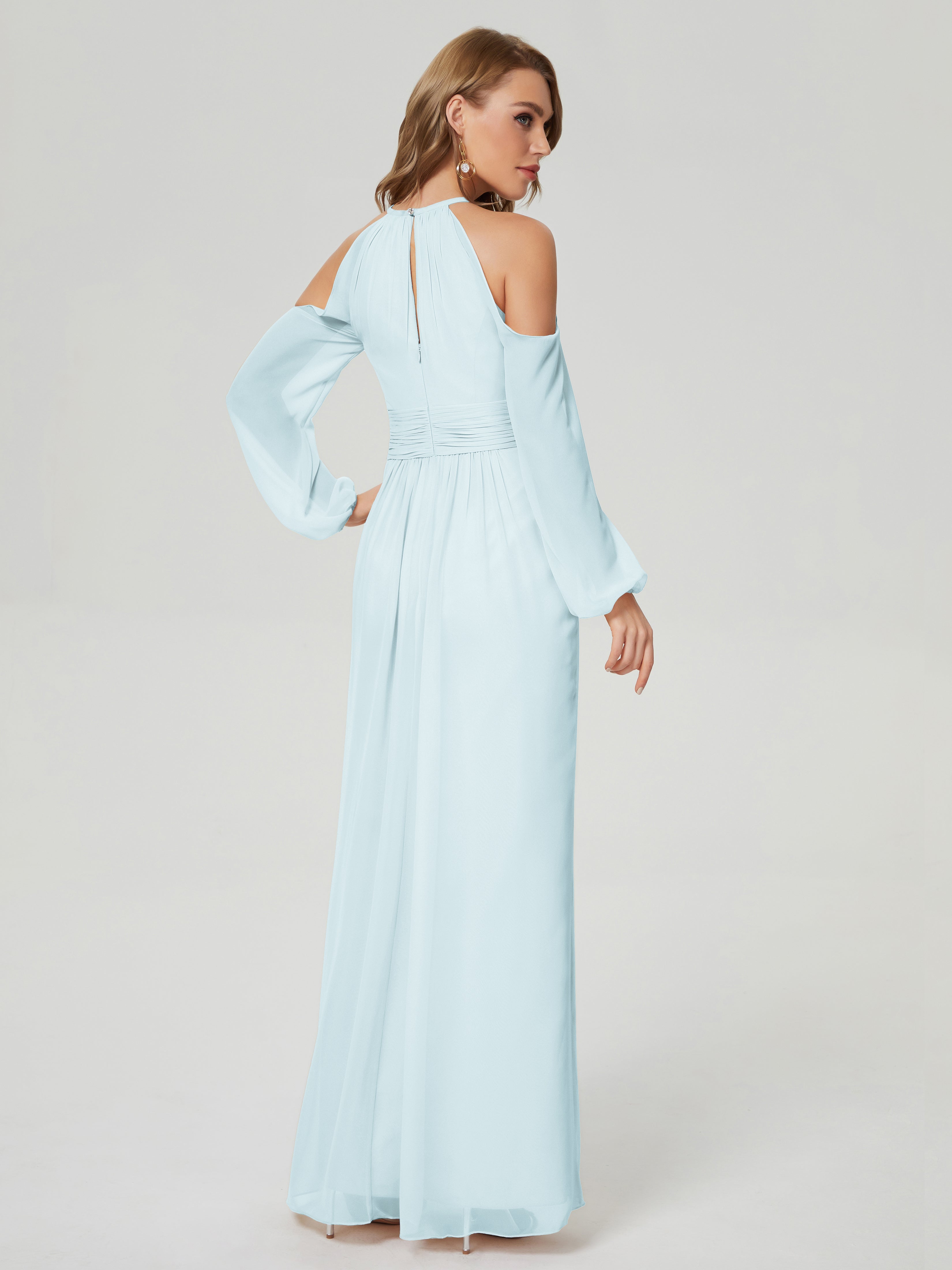 Robe De Demoiselle D'Honneur Brume Manches Longues Licou Mousseline Robe De Demoiselle D'Honneur