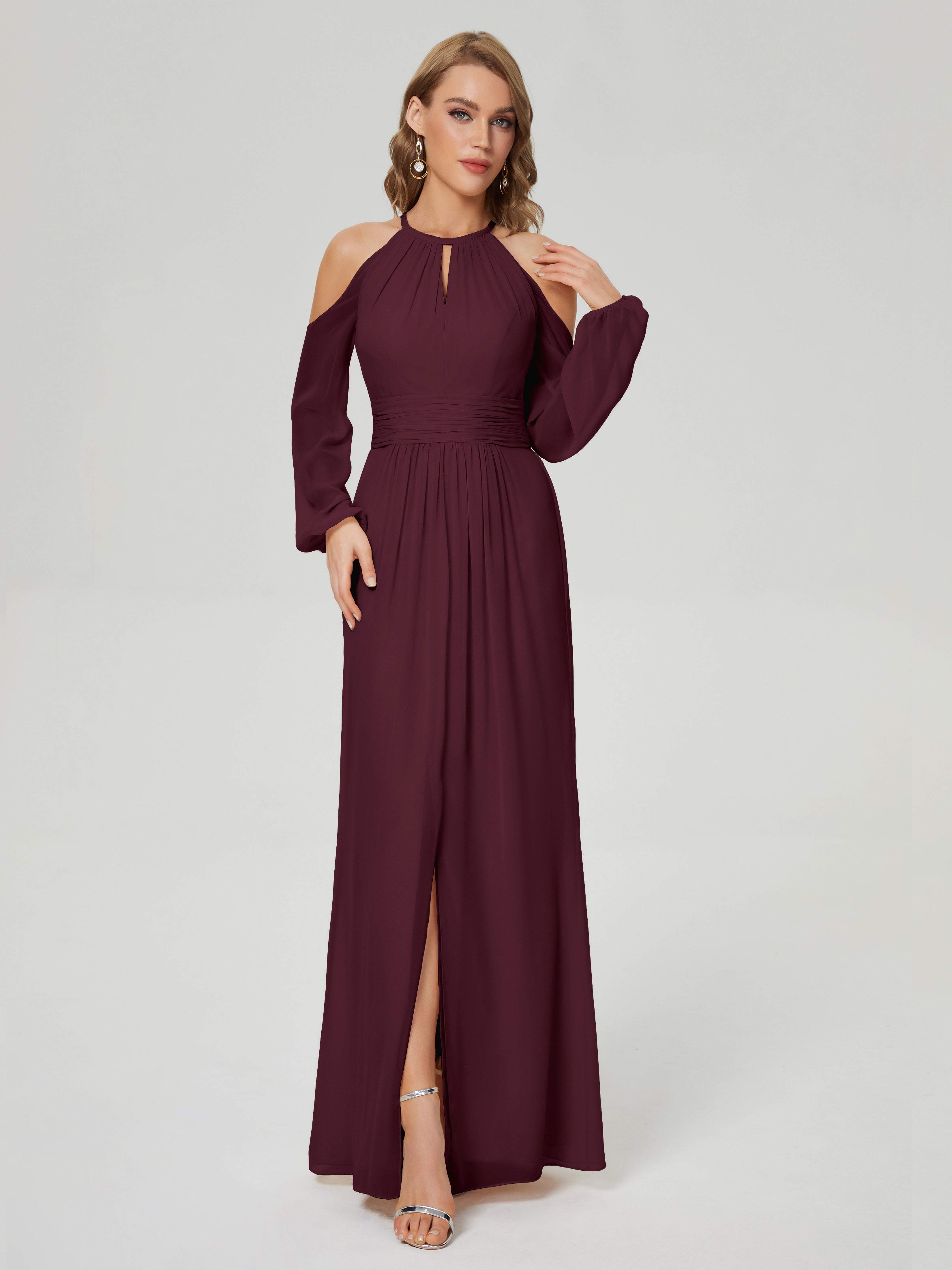 Robes De Demoiselle D'Honneur Cabernet Manches Longues Licou Mousseline Robe De Demoiselle D'Honneur