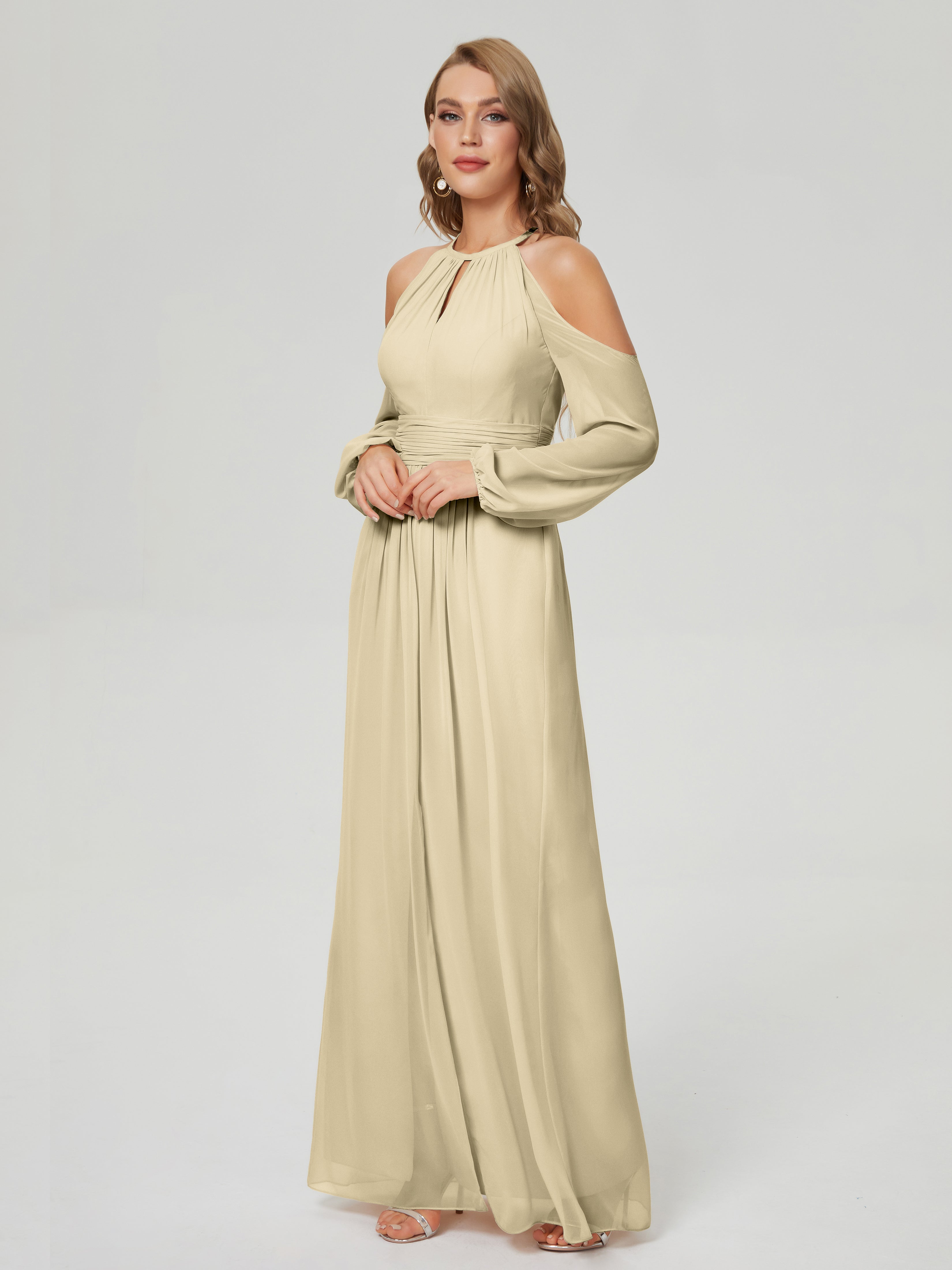 Robe Champagne Demoiselle D Honneur Manches Longues Licou Mousseline Robe De Demoiselle D'Honneur