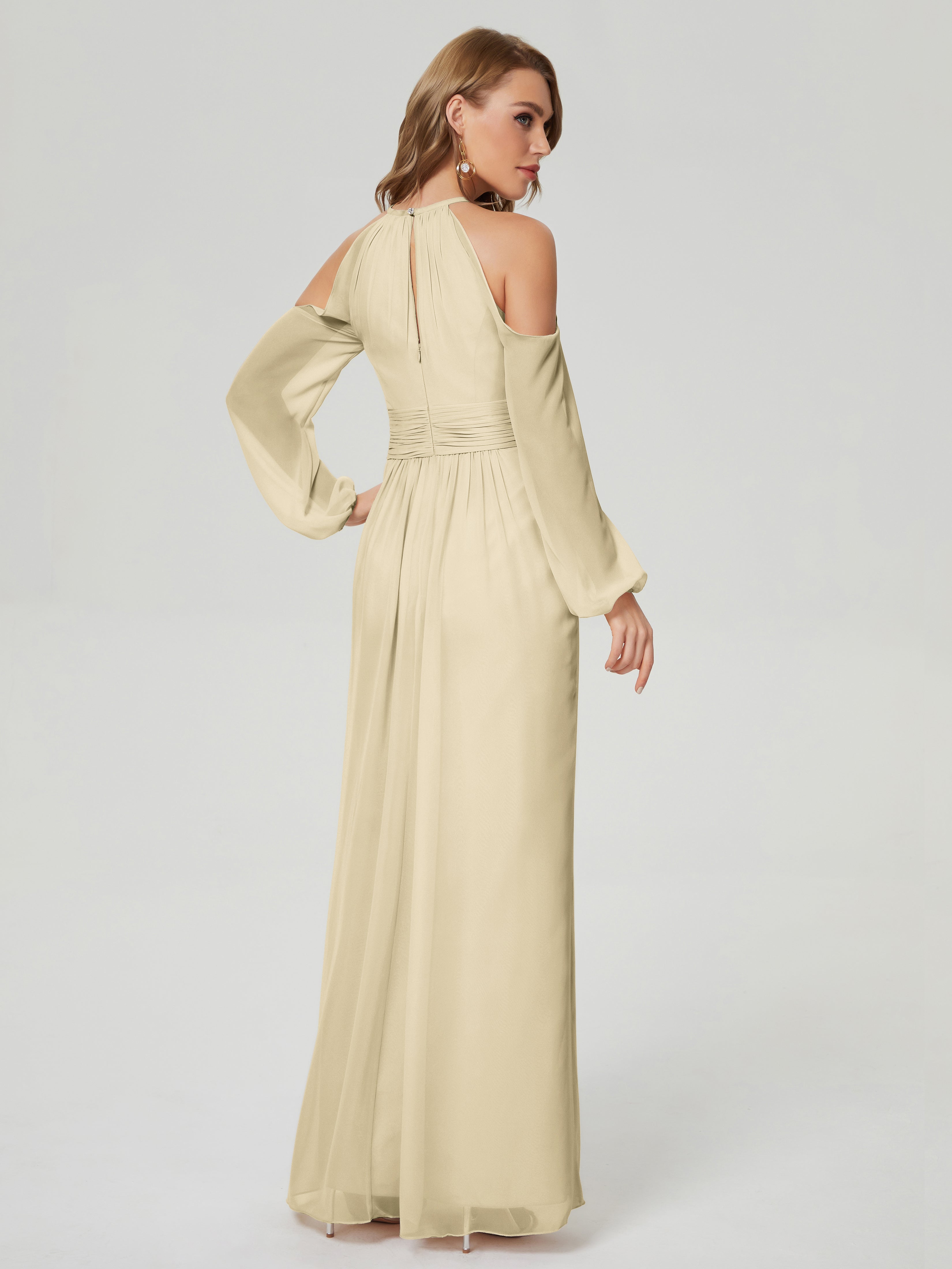 Robe Champagne Demoiselle D Honneur Manches Longues Licou Mousseline Robe De Demoiselle D'Honneur
