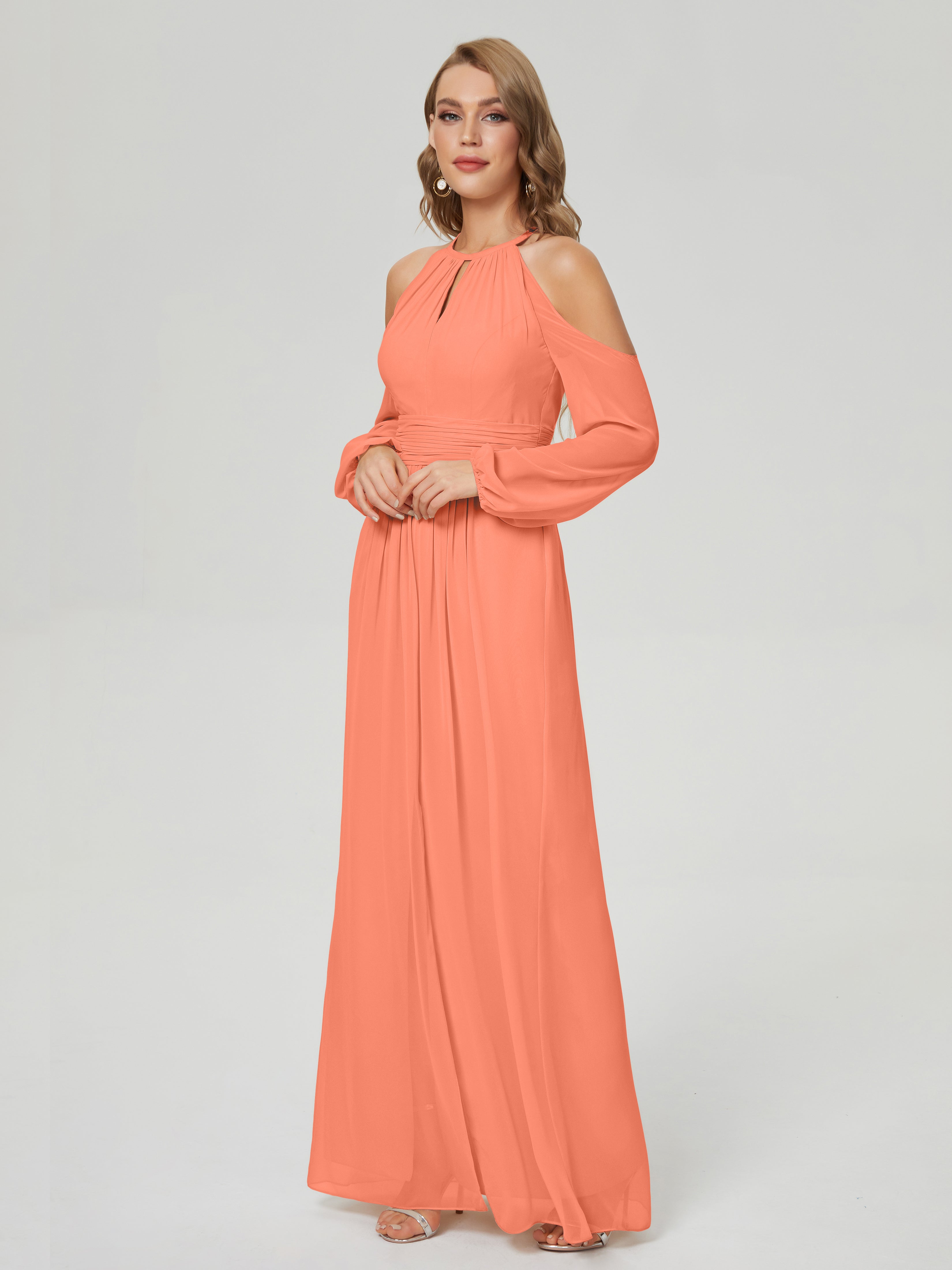 Robes De Demoiselle D'Honneur Coucher De Soleil Manches Longues Licou Mousseline Robe De Demoiselle D'Honneur