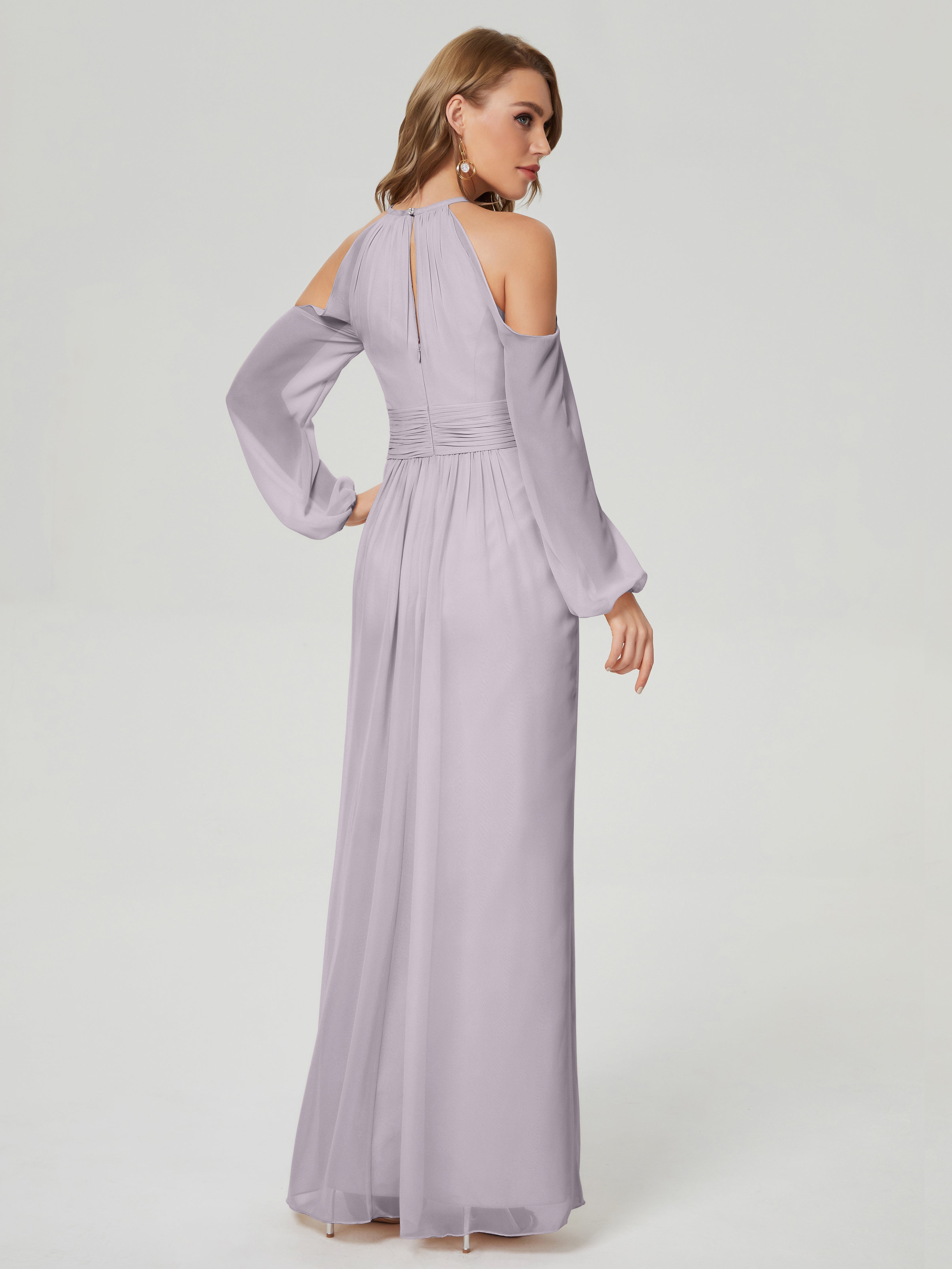 Robes De Demoiselle D'Honneur Couleur Crépuscule Manches Longues Licou Mousseline Robe De Demoiselle D'Honneur