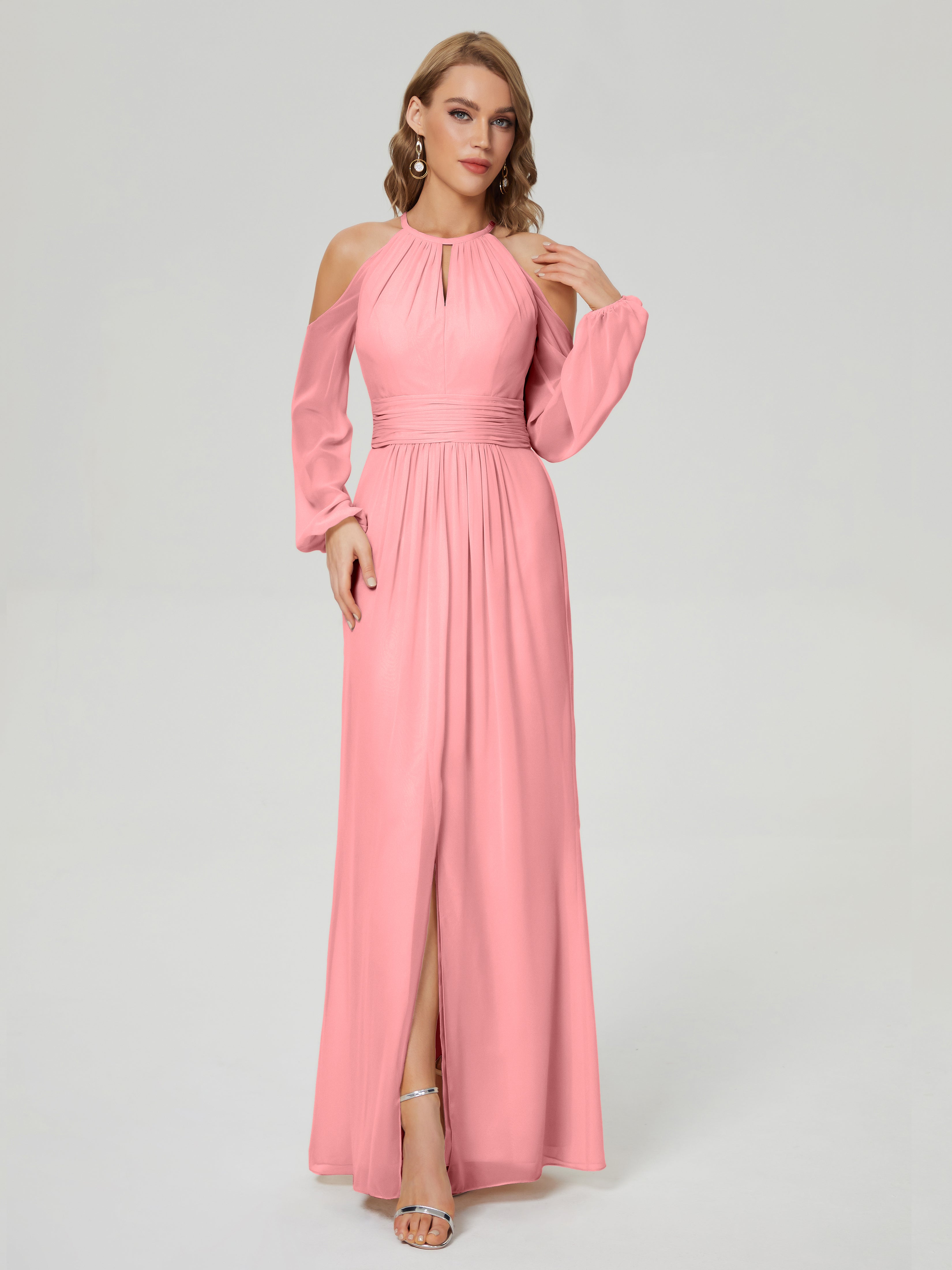 Robes De Demoiselle D'Honneur En Flamant Manches Longues Licou Mousseline Robe De Demoiselle D'Honneur