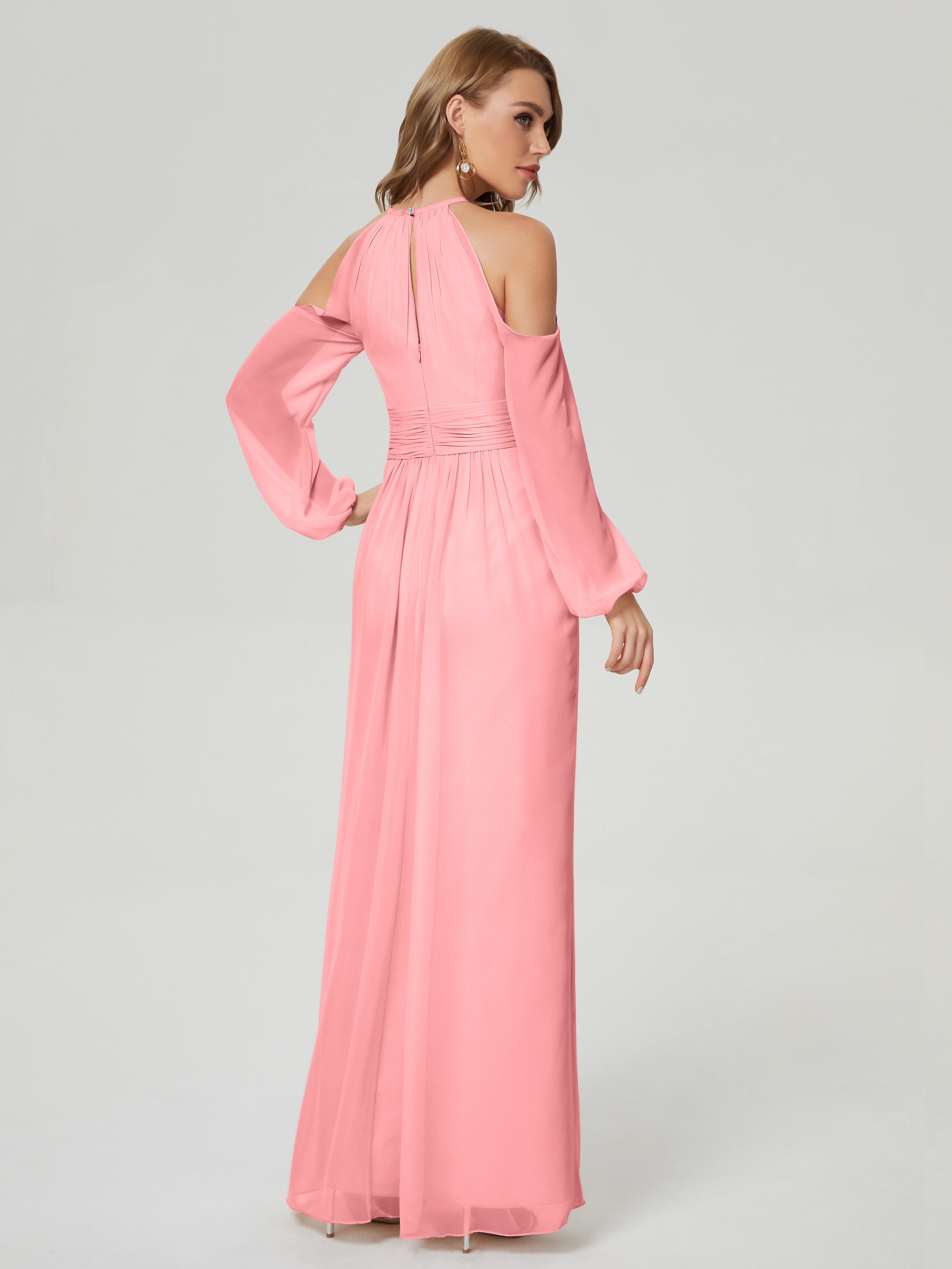 Robes De Demoiselle D'Honneur En Flamant Manches Longues Licou Mousseline Robe De Demoiselle D'Honneur