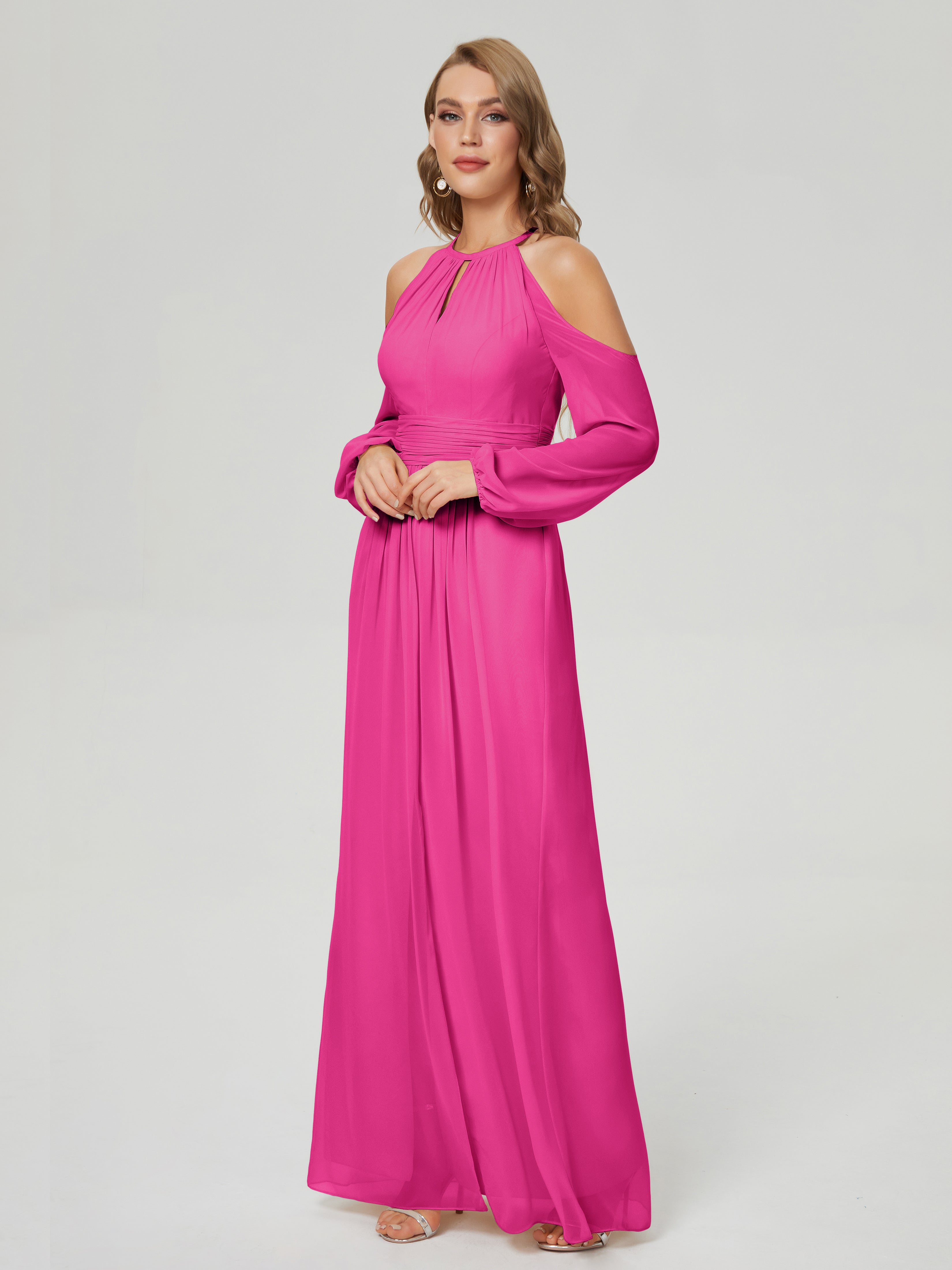 Robe Demoiselle D Honneur Fuchsia Manches Longues Licou Mousseline Robe De Demoiselle D'Honneur