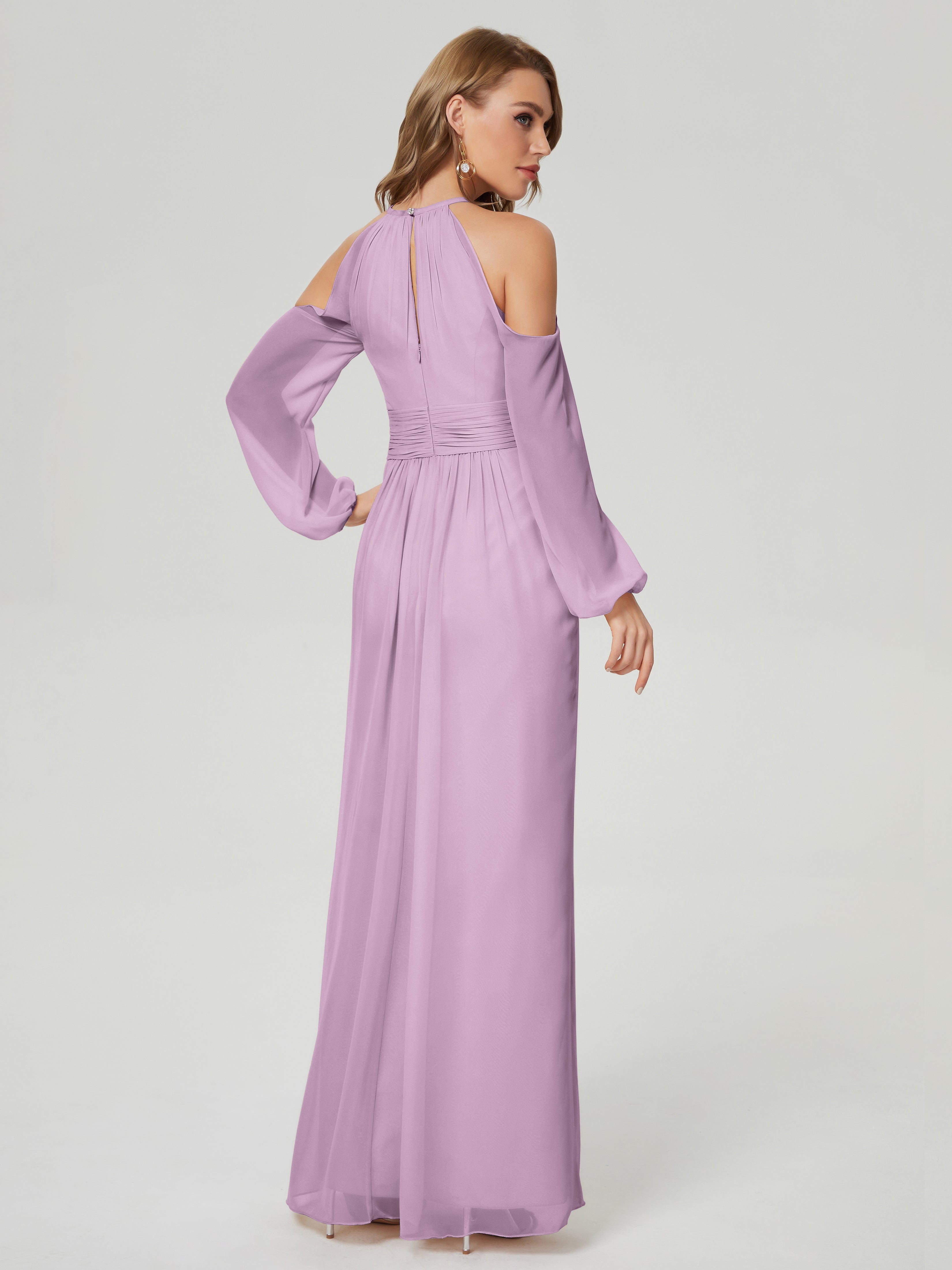 Robes De Demoiselle D'Honneur Glycine Manches Longues Licou Mousseline Robe De Demoiselle D'Honneur