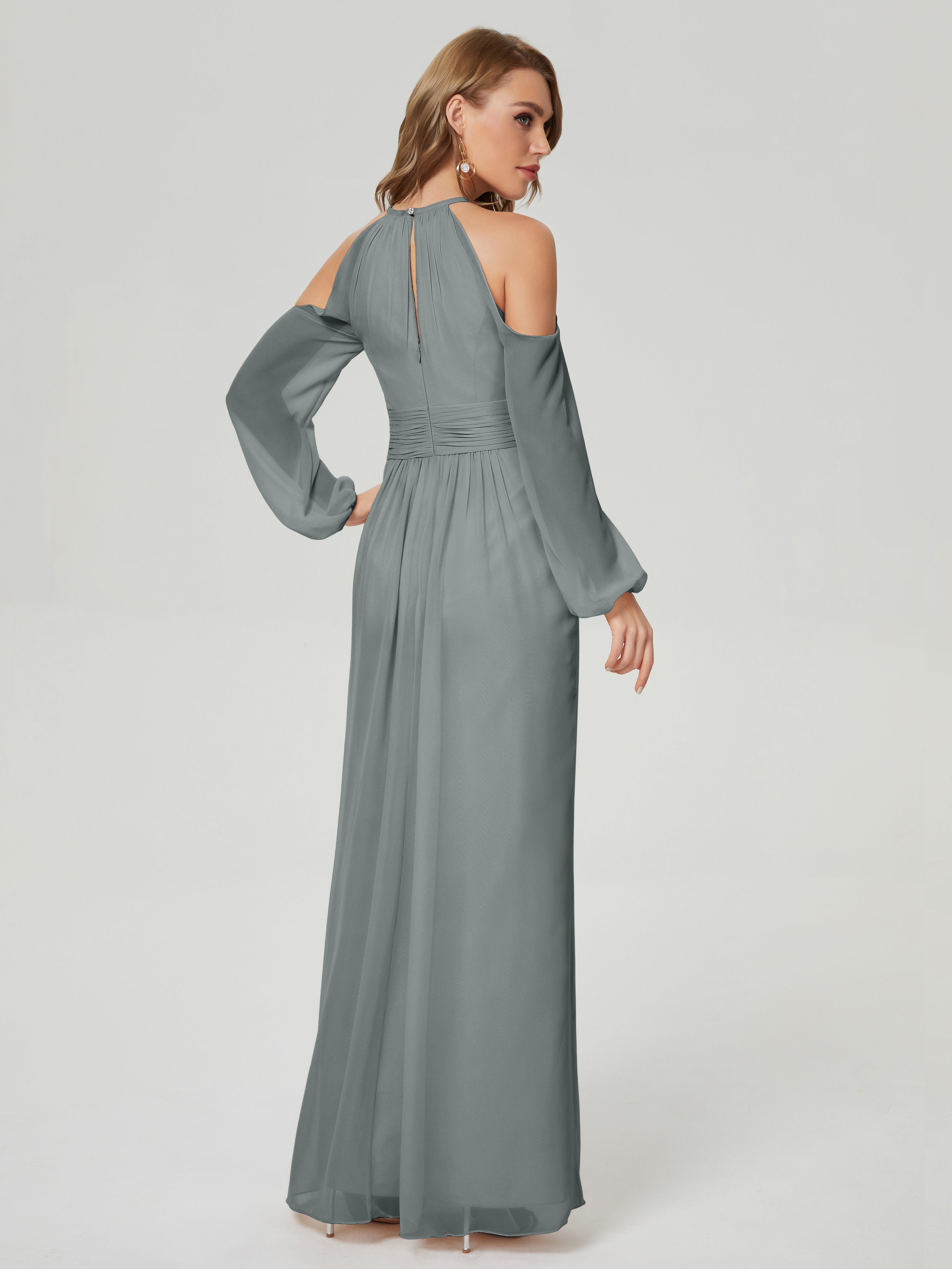 Robe Demoiselle D Honneur Gris Argenté Manches Longues Licou Mousseline Robe De Demoiselle D'Honneur