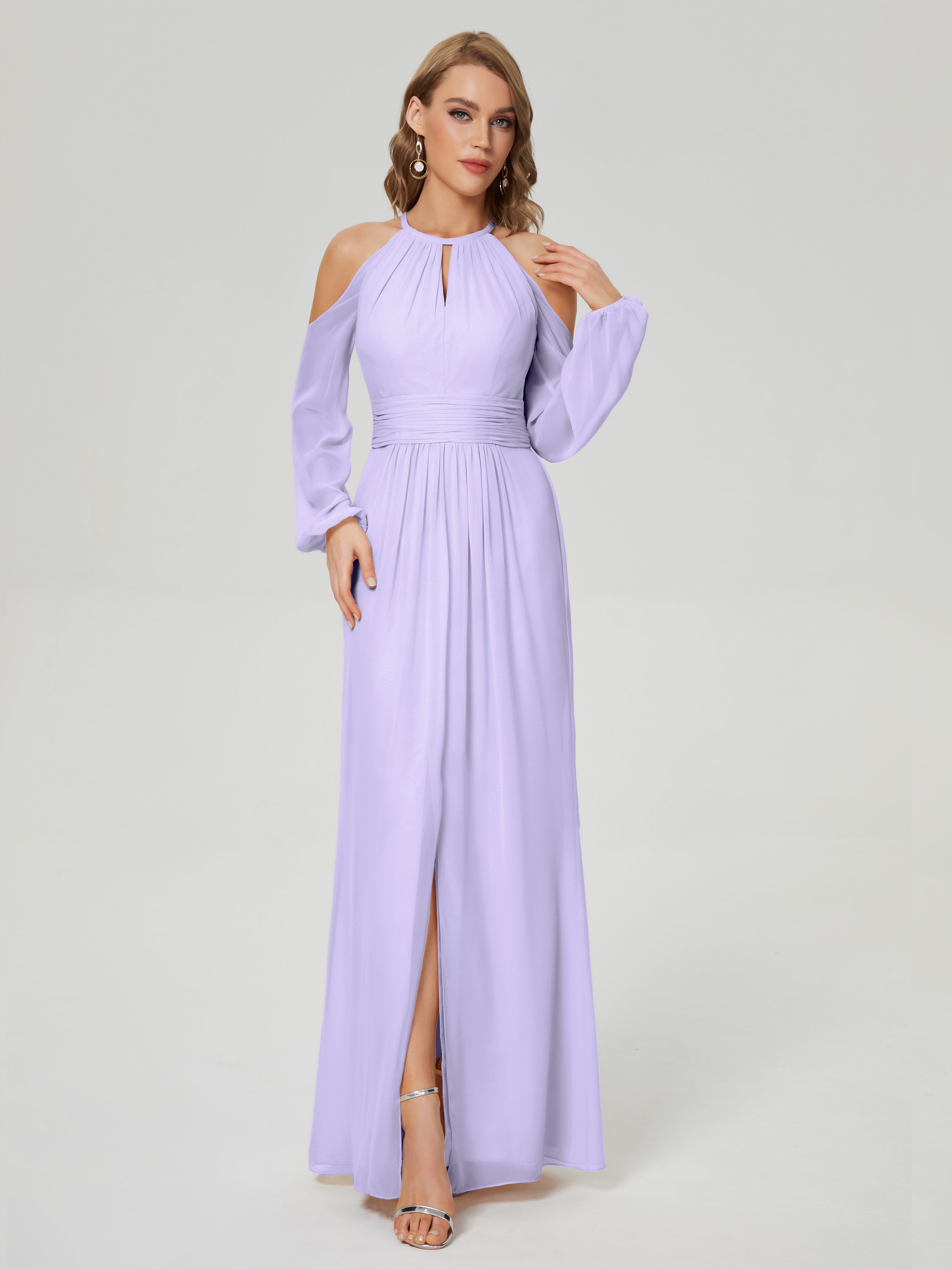 Robe Demoiselle D Honneur Couleur Lilas Manches Longues Licou Mousseline Robe De Demoiselle D'Honneur